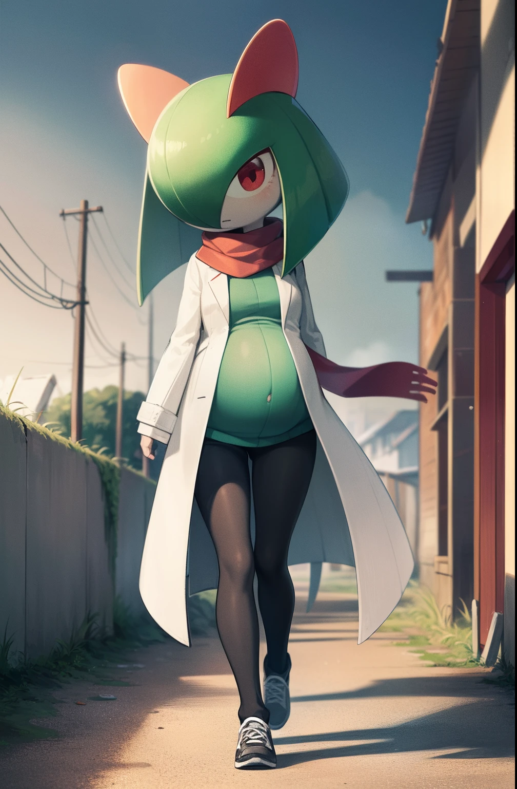 masterpiece, best quality, 1 girl, solo, kirlia, green hair, red eyes, green skin, short hair, white dress, walking through a destroyed village, wearing a long coat over her dress, brown coat, red scarf, torn scarf, black pants, serious expression, pregnant.