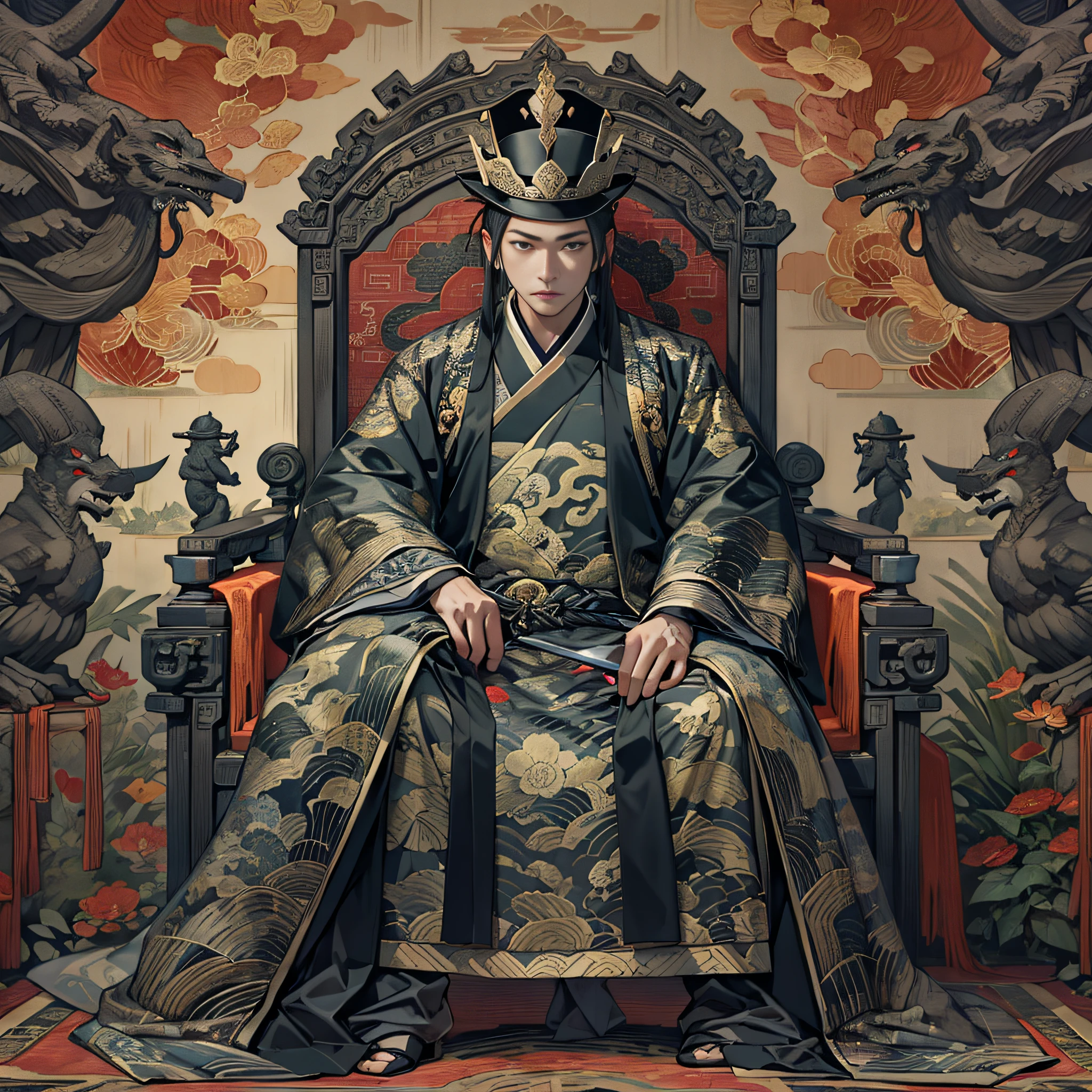Best quality, Masterpiece, 超高分辨率, Emperor of China,wearing a hanfu,Asian people,Black pointed hat,holding a longsword,Deep eyes,,sitting on an royal throne,Look at the camera condescendingly,Behind it is a gorgeous pattern