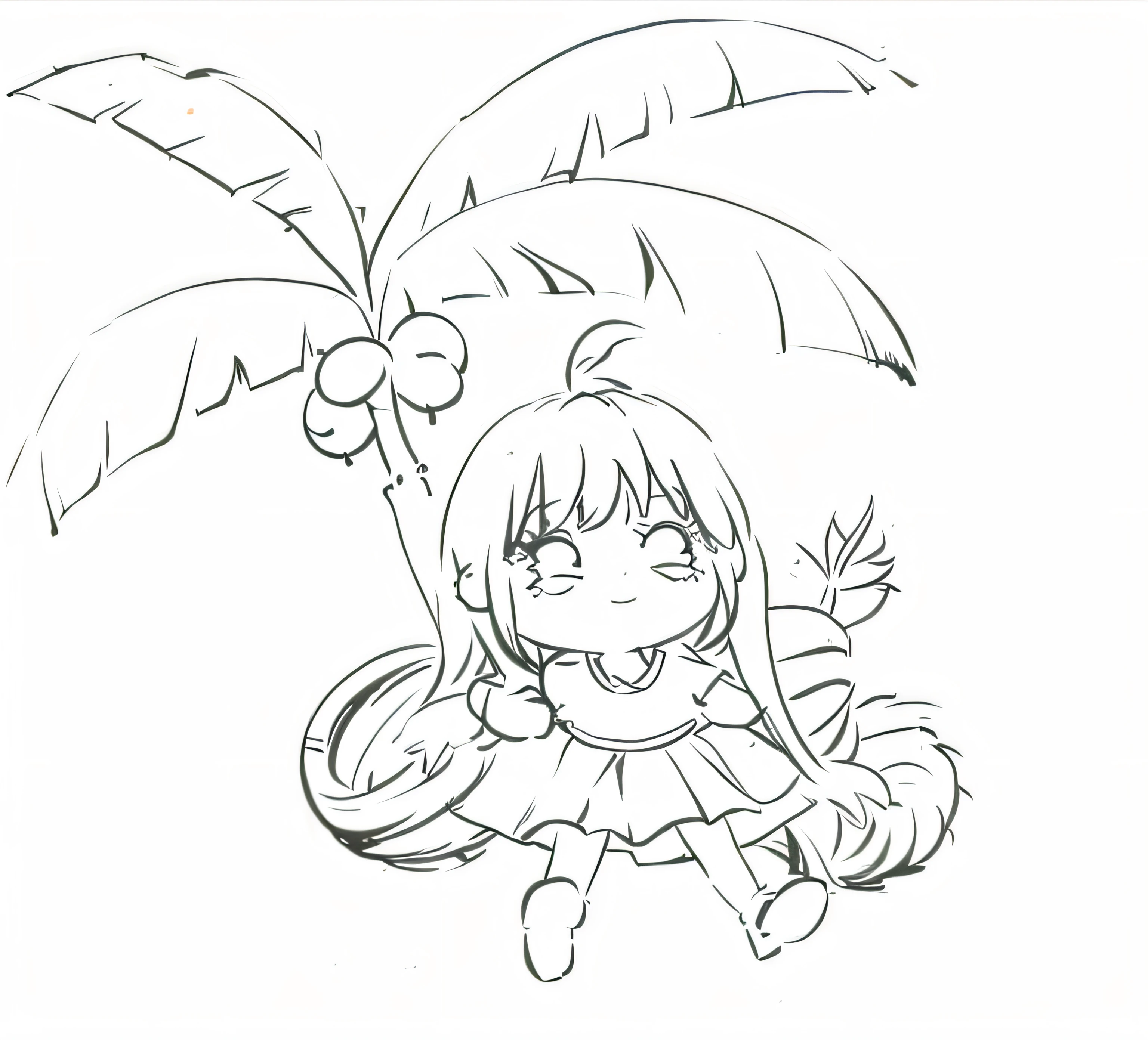 a drawing，A girl sits on a beach with palm trees, clean anime outlines, clean lineart, variable lineart, linear art, Loli, thick lineart, inspired by Takehisa Yumeji, Simple lines of art, Line art!!, chibi girl, Chibi anime girl, small curvaceous loli, the anime girl is running, anime style drawing