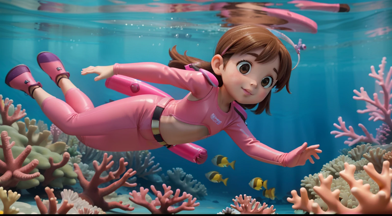 "High quality, masterpiece, a 5--old l, brown hair, pink diving suit, pink diving pants, pink diving gloves, pink diving shoes, swimming towards the camera, underwater, ocean floor, coral reef, fish."
