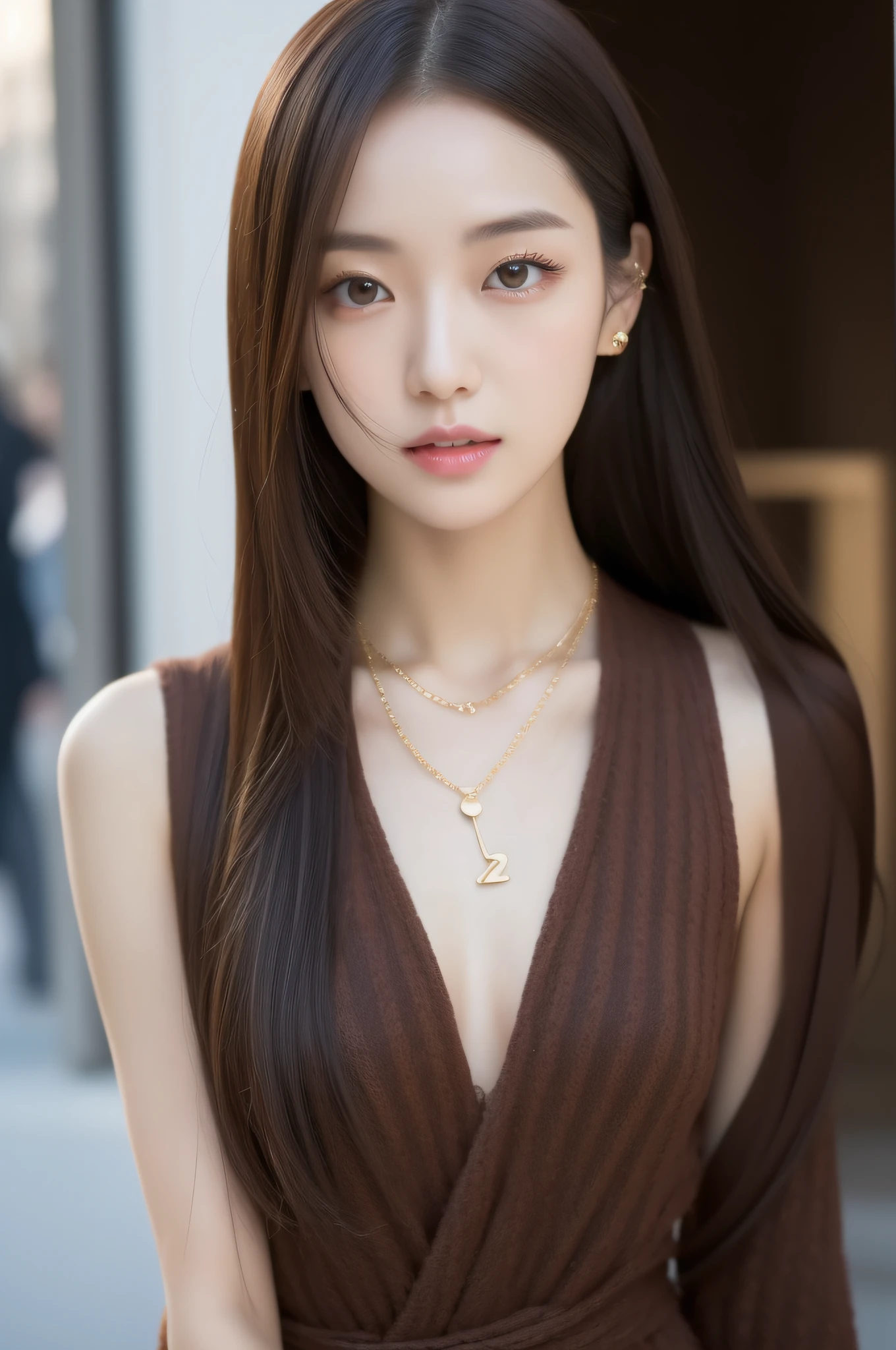 Girl, black hair, black eyes, closed mouth, collarbone, earrings, jewelry, lips, long hair, around tail, looking at the audience