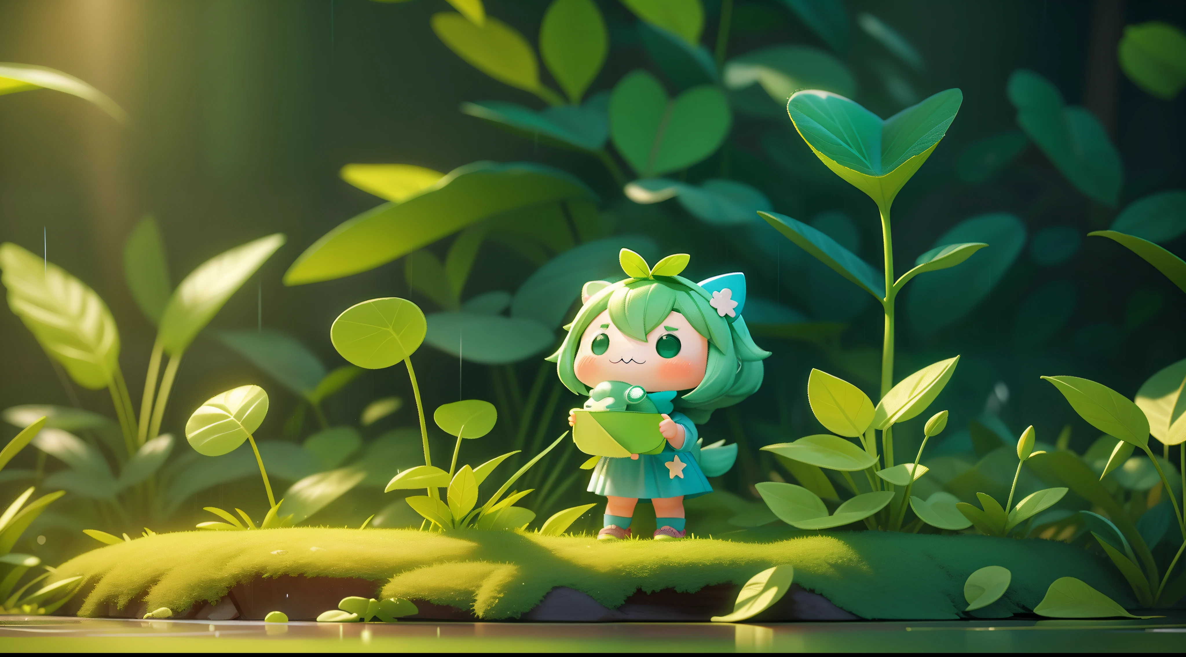 super cute girl IP by pop mart, holding animal, green leaves in the background, light rain, pond, in the forest, there are animals and plants, pastel color, mockup, blind box toy, fine luster, clean background, 3D render, oc render, best quality, 4k, ultra detoiled