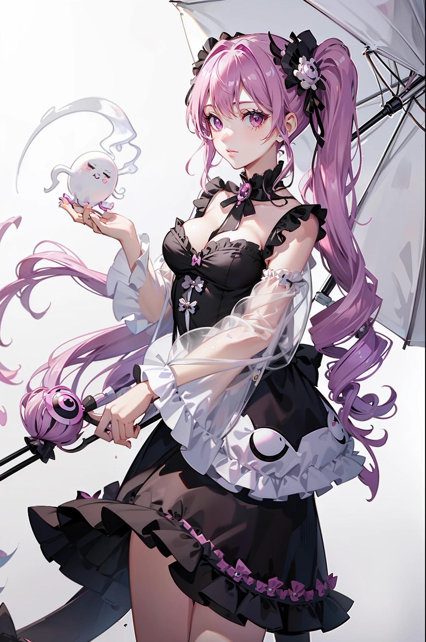 one piece ghost princess perona, ghost and sakura aura, holding a cute umbrella, black pink gothic outfit, hair tied into two curly pigtails with black and white flower hairpins, perfect body shape, wearing black top hat with ribbon, masterpieces, light make up, ghost effect, 4k wallpaper quality