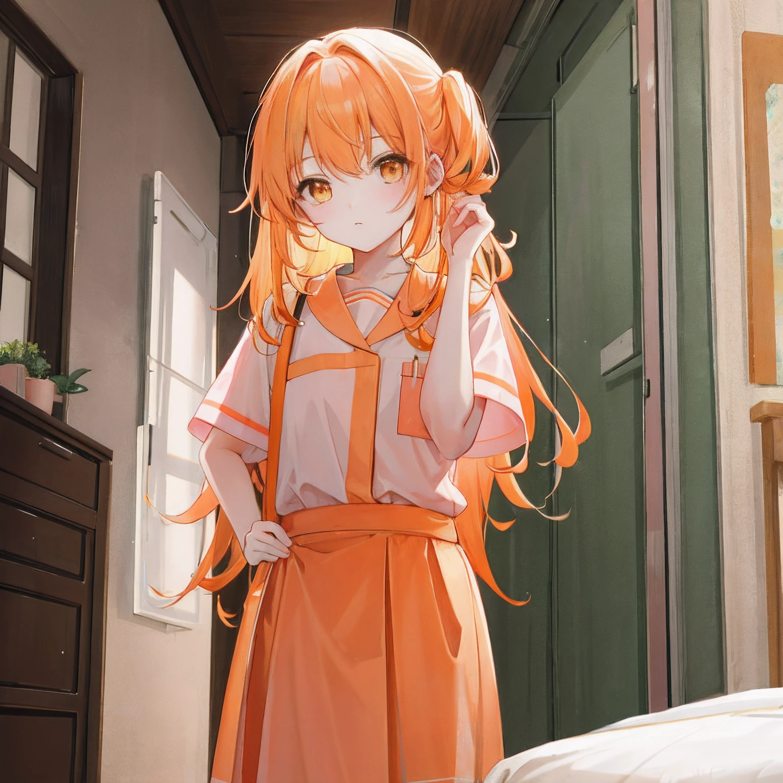 Long light orange hair,Wearing an orange-pink nurse's uniform,A petite and sweet girl