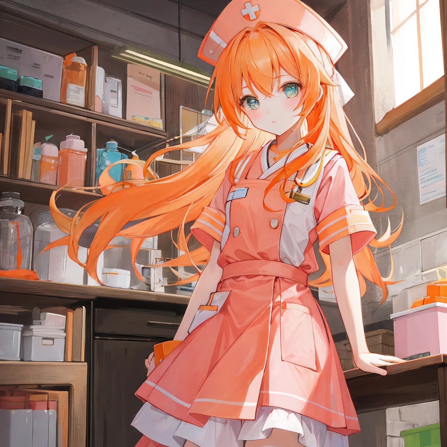 Long light orange hair，Wearing an orange-pink nurse's uniform，A ite and sweet girl