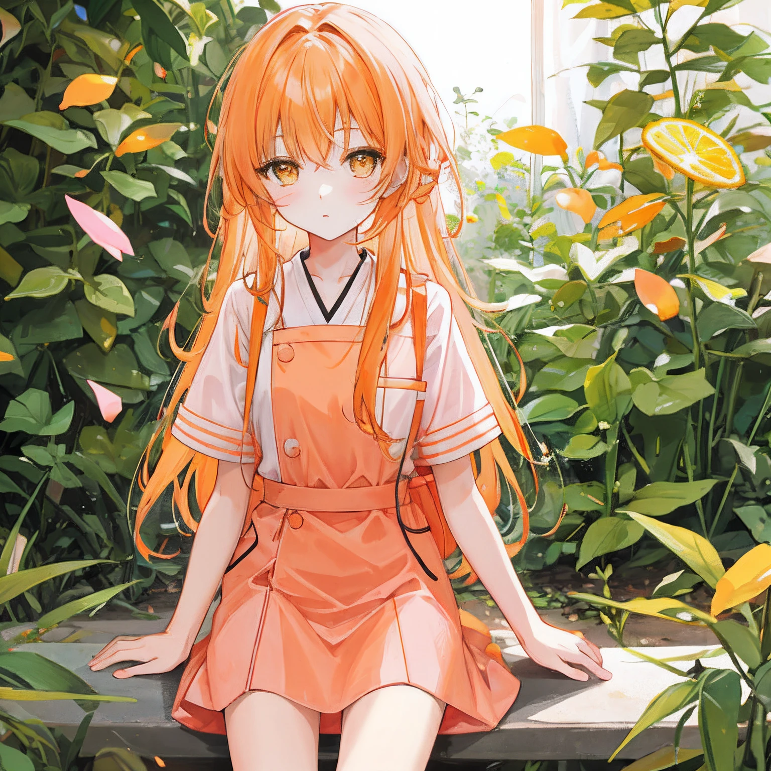 Long light orange hair,Wearing an orange-pink nurse's uniform,A petite and sweet girl