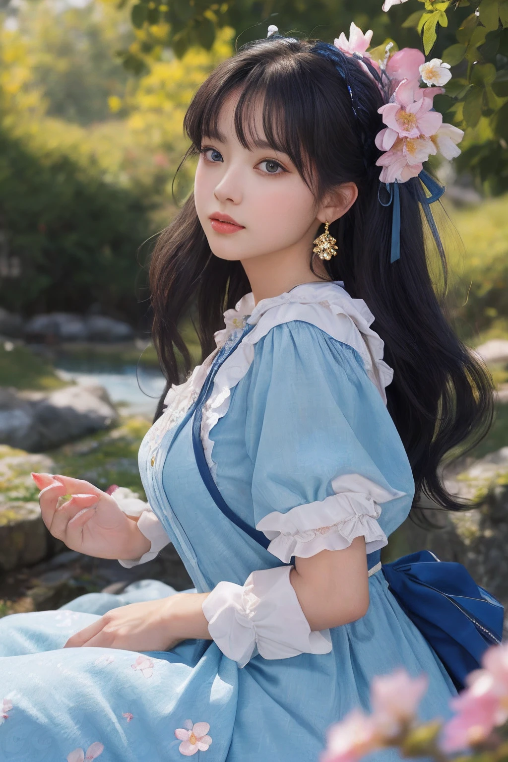(8K,Best picture quality,A high resolution,Very detailed body details,动态照明,The lens focuses on the thigh:1.3),(1girll, Solo, From the side Side,Look at the audience), The is very detailed, (many color, Colorful:1.1), (petals, blossoms:1.3), dynamicposes, 耳Nipple Ring,portrait of a princess, Lolita costume dress dress,Fantasy art style, beautiful fantasy maiden,Exquisite and perfect facial features,美丽细致的眼睛,long eyelasher,Delicate eyeliner,Blue eyes,Dark pupils,,There are bright spots in the eyes,almond eyes,Beautiful lip details,anatomy correct,Messy black hair,