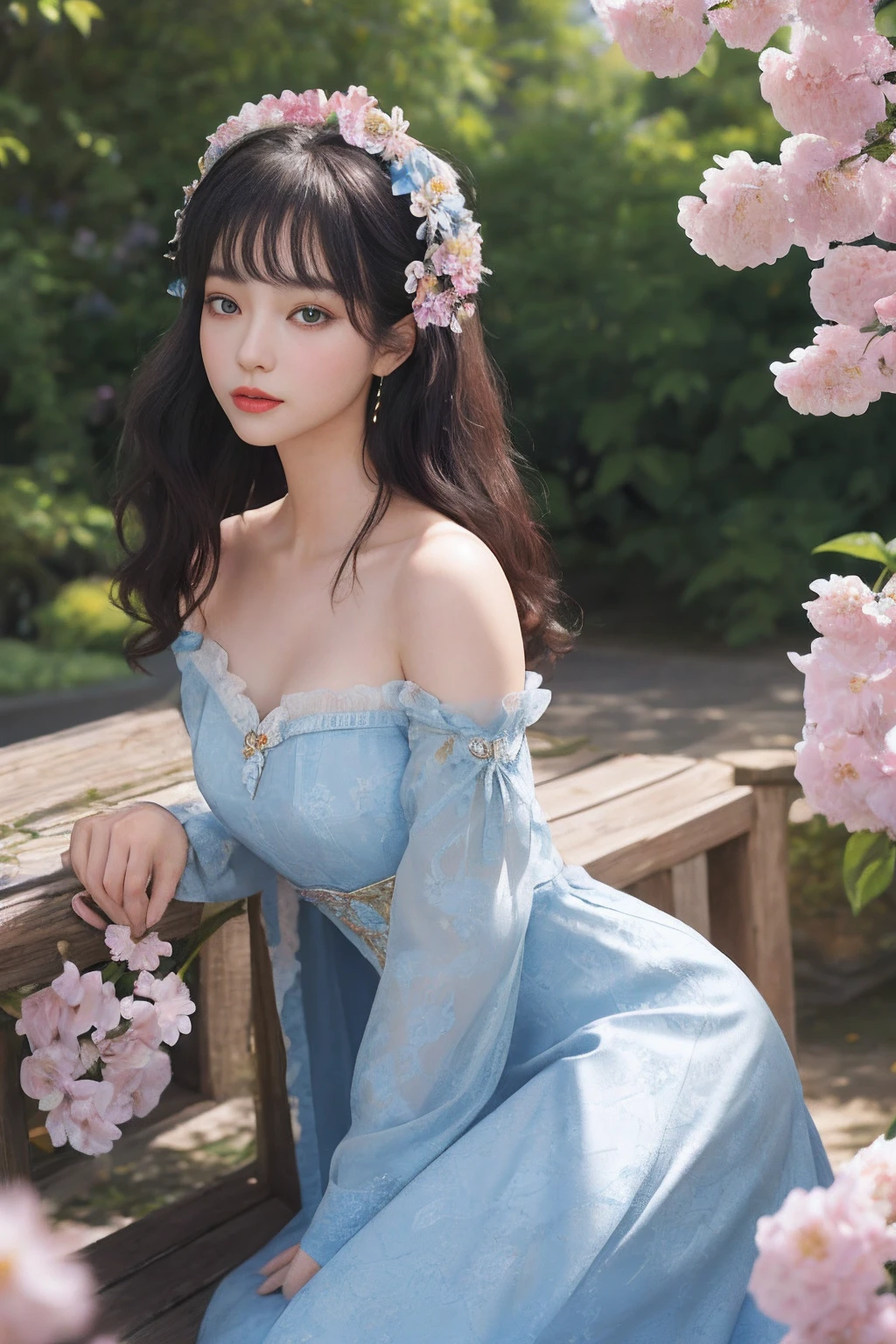 (8K，Best picture quality，A high resolution，Very detailed body details，动态照明，The lens focuses on the thigh:1.3)，(1girll, Solo, From the side Side，Look at the audience), The is very detailed,  (many color, Colorful:1.1), (petals, blossoms:1.3), dynamicposes, 耳Nipple Ring，portrait of a princess,  Lolita costume dress dress，Fantasy art style, beautiful fantasy maiden，Exquisite and perfect facial features，美丽细致的眼睛，long eyelasher，Delicate eyeliner，Blue eyes，Dark pupils，，There are bright spots in the eyes，almond eyes，Beautiful lip details，??????? correct，Messy black hair，