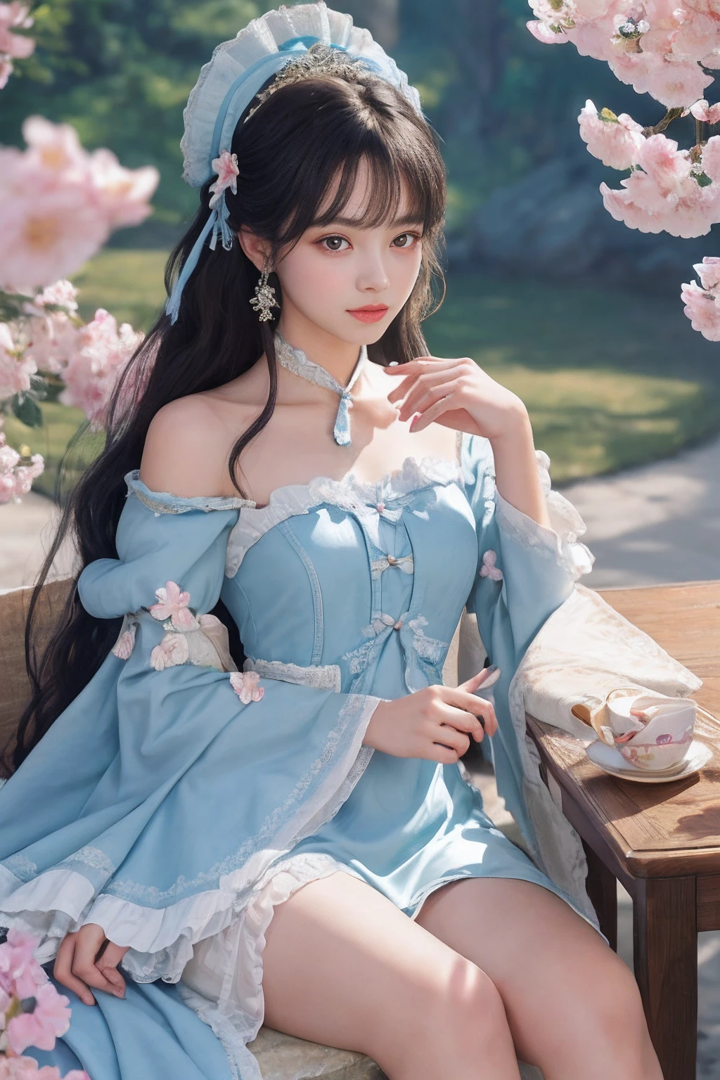 (8K,Best picture quality,A high resolution,Very detailed body details,动态照明,The lens focuses on the thigh:1.3),(1girll, Solo, From the side Side,Look at the audience), The is very detailed, (many color, Colorful:1.1), (petals, blossoms:1.3), dynamicposes, 耳Nipple Ring,portrait of a princess, Lolita costume dress dress,Fantasy art style, beautiful fantasy maiden,Exquisite and perfect facial features,美丽细致的眼睛,long eyelasher,Delicate eyeliner,Blue eyes,Dark pupils,,There are bright spots in the eyes,almond eyes,Beautiful lip details,anatomy correct,Messy black hair,
