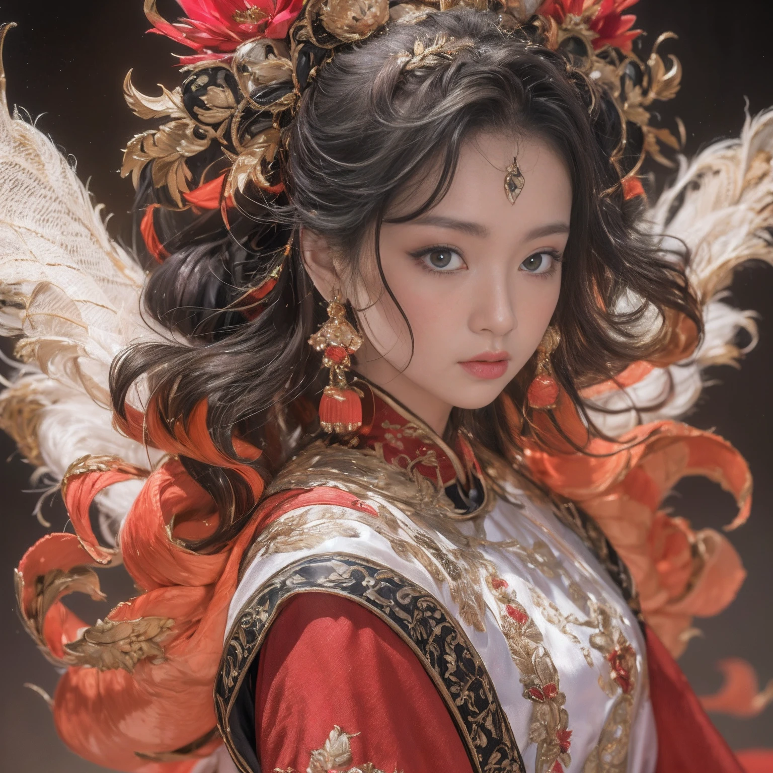 32K（tmasterpiece，k hd，hyper HD，32K）Large curls，Flowing rouge，ponds，zydink， a color，  Asian people （Big-eyed girl）， （Silk scarf）， Combat posture， looking at the ground， Large rolls of rouge， Flowing rouge curls，Red onyx emerald emerald headdress， Chinese long-sleeved black gold garment， （abstract ink splash：1.2）， Pink lotus background，Water lily flower protector（realisticlying：1.4），Rouge hair，Autumn is in full swing，The background is pure， A high resolution， the detail， RAW photogr， Sharp Re， Nikon D850 Film Stock Photo 4 Kodak Portra 400 Camera F1.6 shots, Rich colors, ultra-realistic vivid textures, Dramatic lighting, Unreal Engine Art Station Trend, cinestir 800，Large curls，Flowing rouge