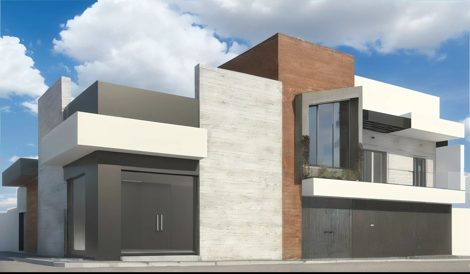 Rendering of a modern house with garage, 3D rendering, Fachada minimalista, architectural render, conceito hiperrealista, super detalhado, renderizar no vray, acabamentos em tinta branca, preto, tijolos, peitoril em vidro