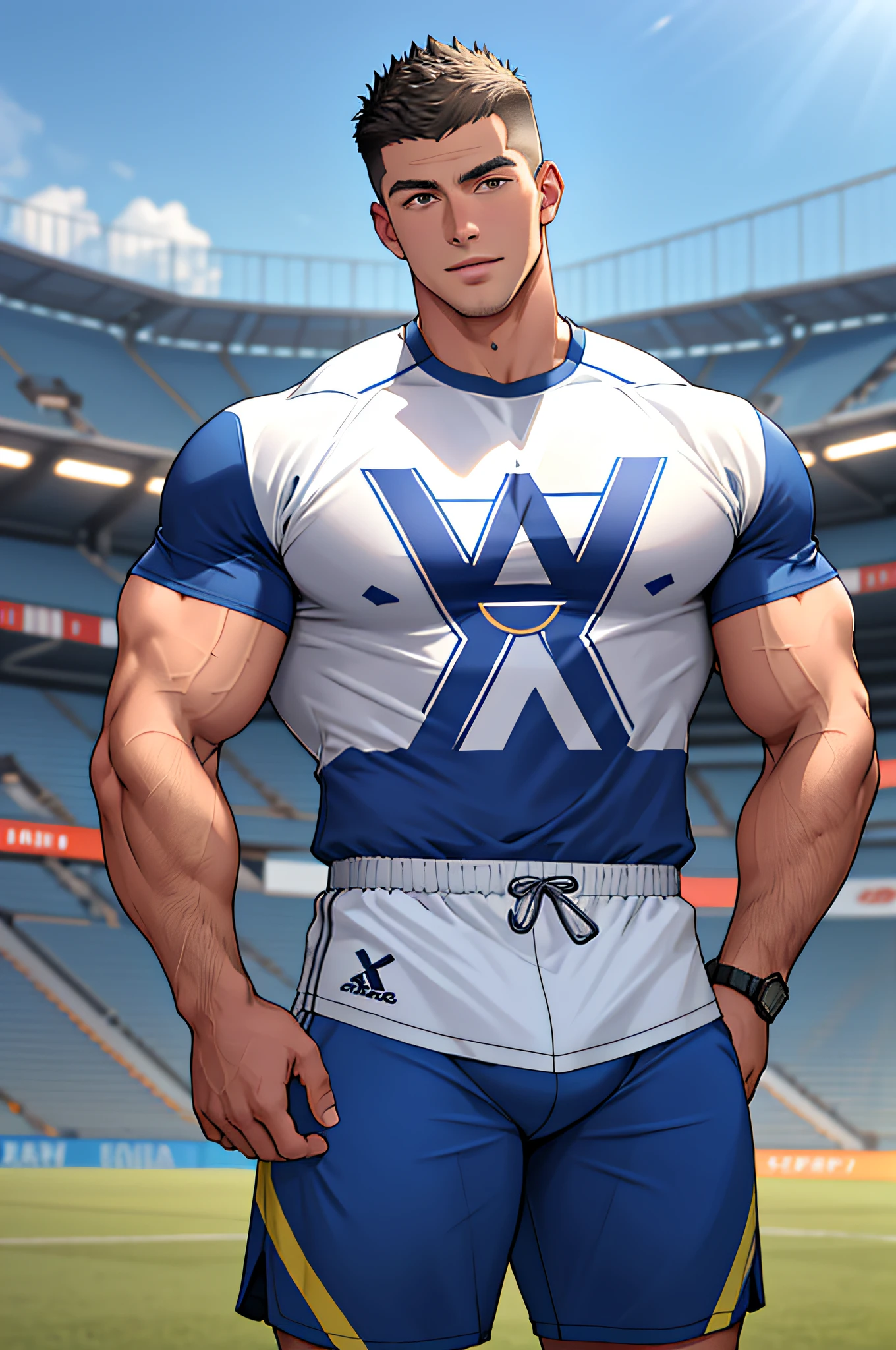 Draw a full-fledged athlete,Stand on the central field of the gym,He wears high-end sportswear,The man looks confident and determined,rays of sunshine,cheerful big breasts,Handsome,Crew cut,full bodyesbian,shooting from below,