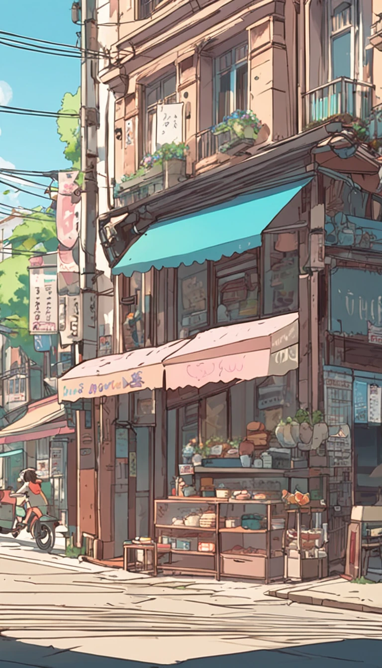 Anime - City street style scene, a woman waiting in front of a store, anime background art, detailed scenery - width 672, anime landscape concept art, anime style cityscape, Studio Ghibli anime style, Studio Ghibli art style, Studio Ghibli program, anime landscape, Studio Ghibli art style, Landscape artwork, Beautiful anime landscape, Forest city street, Ghibli art style, cake shop, cake shop, bakery cake shop, Makoto Shinkai style, Makoto Shinkai anime, Shinkai Makoto art style