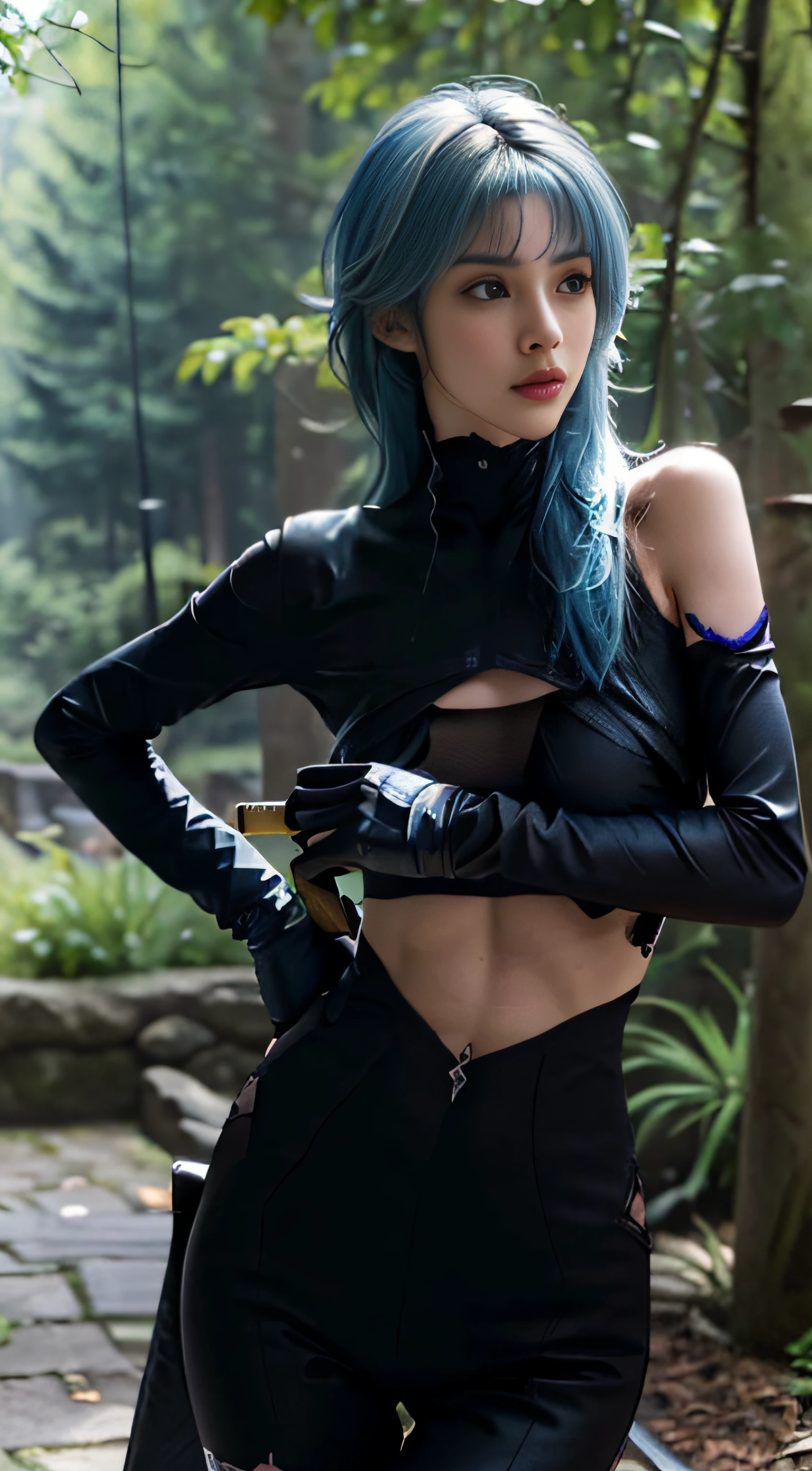 8K, Top Quality, Intricate Details, Ultra Detail, Ultra High Resolution, Masterpiece, full body, 1girl, solo, 1 girl, ((random angle)), ((small and beautiful hard nipple)),, ((tall girl, skinny, slim, tall skinny)), (((fit body))), (((slim face))), sharp face, sharp eyes, (((skyblue hair, long hair, bangs)) small lips, long hair, ((ninja, glove, holding a katana)), detailed face, detailed breast, Beautiful girl with accentuated slender abs: 1.4, Six Pack Abs: 1.4, Bust Botox, Big, Perfect Body, detail leg, in the forest