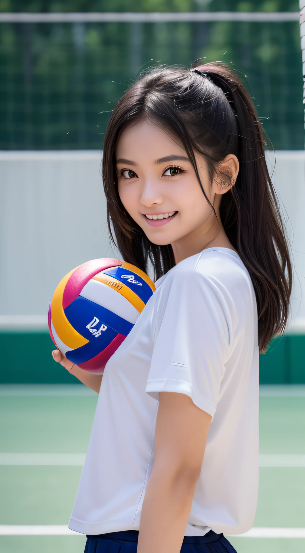 （8K、Raw photography、top-quality、​masterpiece：1.2),(A dark-haired、poneyTail:1.4),watching at viewers,Looking at the front,Erotic,white skin,(Volleyball Uniforms:1.7)、(Clothing that emphasizes the shape of your chest、exposing the skin:1.5)、(Colossal tits:1.3)、超A high resolution,Beautiful,Beautiful fece,(One Person, 独奏、without background:1.9),whole bodyボディー,A Japanese Lady,（Photorealsitic：1.37）、photon mapping,reality、(Cute little face: 1.8)、(cute smile: 1.7)、(with round face: 1.8)、radio city、Physically Based Rendering、depth of field rally background、picture, (Knees are visible,Thigh close-up:1.3),whole body、Colossal tits、super definition