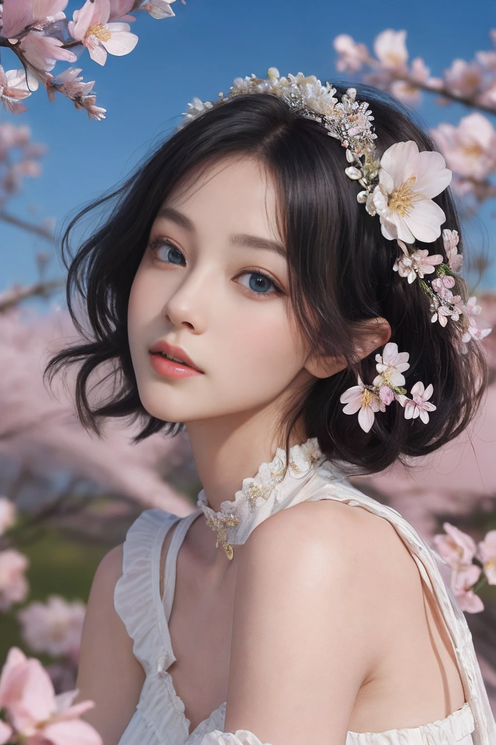 (8K,Best picture quality,A high resolution,Very detailed body details,动态照明,The lens focuses on the thigh:1.3),(1girll, Solo, From the side Side,Look at the audience), The is very detailed, (abstract backgrounds, zentangle, s fractal art:1.3), (many color, Colorful:1.1), (feater, petals, blossoms:1.3), dynamicposes, 耳Nipple Ring,portrait of a princess, , in the art style of bowater, ta costume costume dress,Fantasy art style, beautiful fantasy maiden,Exquisite and perfect facial features,美丽细致的眼睛,long eyelasher,Delicate eyeliner,Blue eyes,Dark pupils,,There are bright spots in the eyes,almond eyes,Beautiful lip details,anatomy correct,Messy black hair,