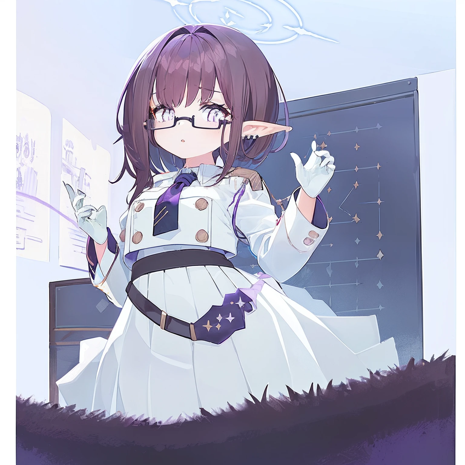 ((1girl)), solo, (masterpiece), ((((dark brown hair)))), ((high quality)), ((long hair)), ((side-swept parted hair)), (((((dark indigo purple eyes))))), (ahoge), black round rimmed glasses, petite body, teenager girl, looking at viewer, ink painting, ((classroom background)), ((purple angel halo)), bookshelves, (classroom decorations), ((white and light blue theme:1.3))