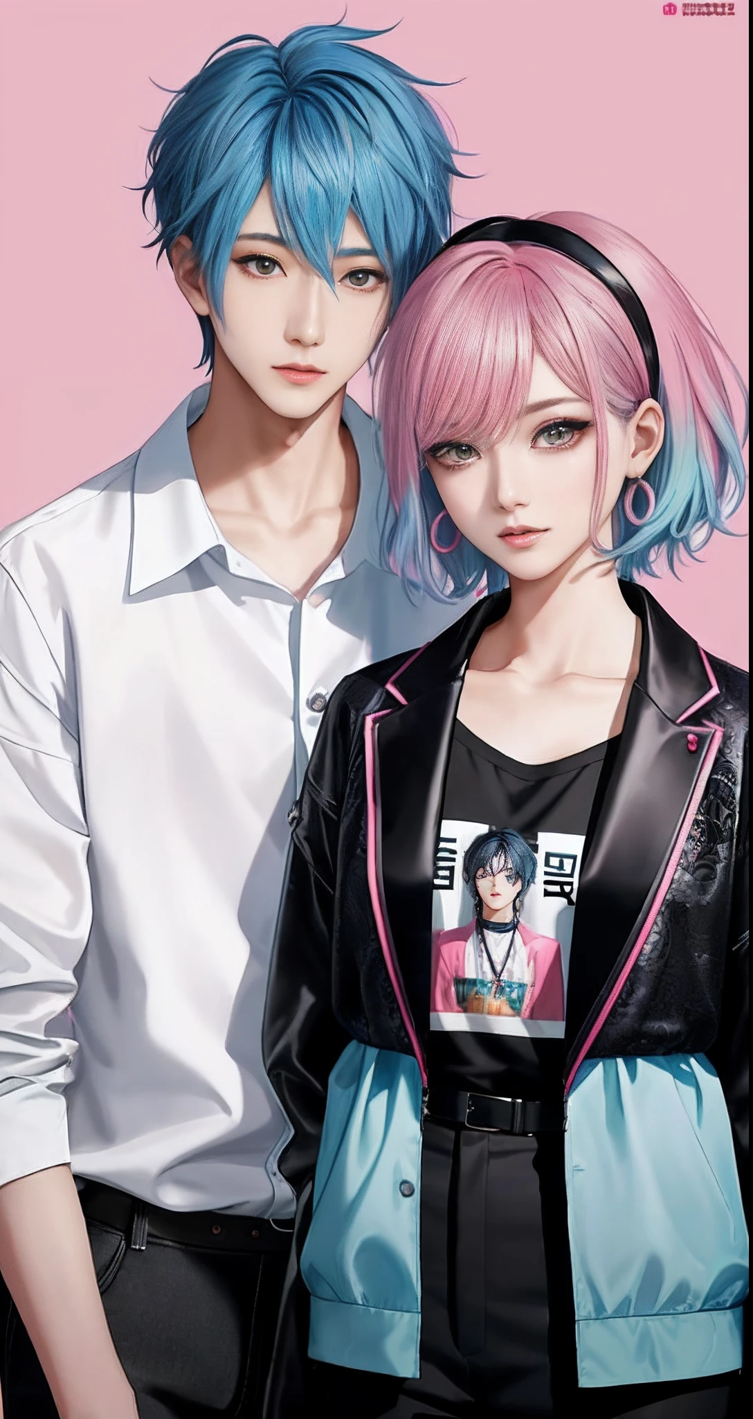 ((Male and female couples)), Idol Photos, Magazine covers, Photos of actors, Professional Photos, Height difference, tall male, Happiness, youthfulness, extra detailed face, detailed punk hair, very detailed character, inspired by Sim Sa-jeong, Cai Xukun's, detailed realistic faces, highly detailed realistic face, high detailed face anime, realistic detailed face, Accurate detailed face, attractive androgynous humanoid, Cool Korean fashion in black, ((With a man with light blue hair)), ((Woman with pink hair)), ((Woman with long hair below waist)), ((Man with short hair over ears)), ((Pink hair woman with gentle expression)), ((Man with light blue hair with wild expression)), high-level image quality, ​masterpiece, Photographed so that the whole body can be seen, Photographed to make clothes look beautiful, Take your eyes off, ((two individuals)), ((British couple))