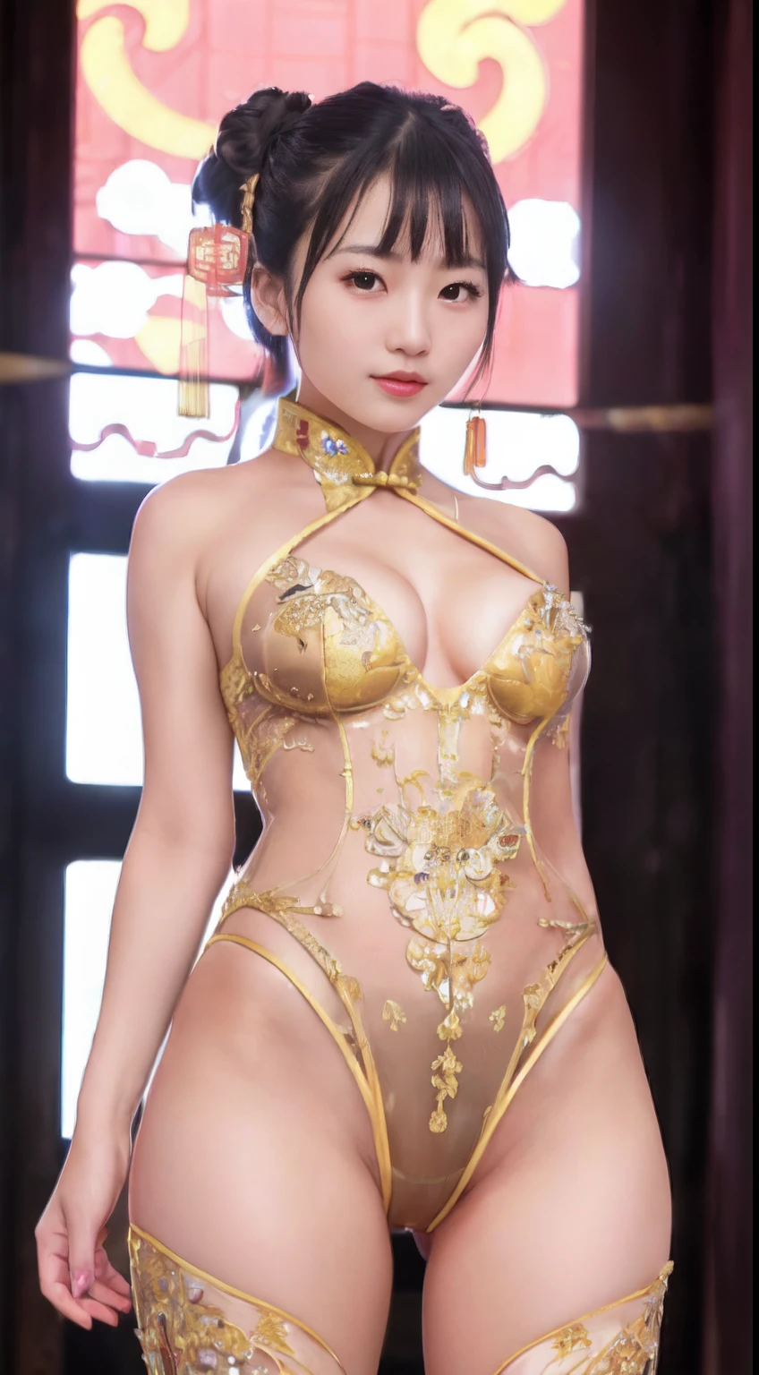 nsfw,1girl, solo, 16K, RAW photo, best quality, masterpiece, Photorealistic:1.3, super realistic details, sharp focus, Realistic proportions, A detailed face, round face, round eyes, whole body, full body ,looking at viewer, cute Japanese girl, smile, messy hair:1.3,Futuristic factory with neon lights ,detailed mechanical factory , (((highly intricate detail costume, gleaming ,flashy colors Chinese dress;1.6 ,camel toe ,skindentation ,)))open stance:1.4, blush:1.2, embarrassed ,beautiful lighting, deep shadow, depth of field ,from below
