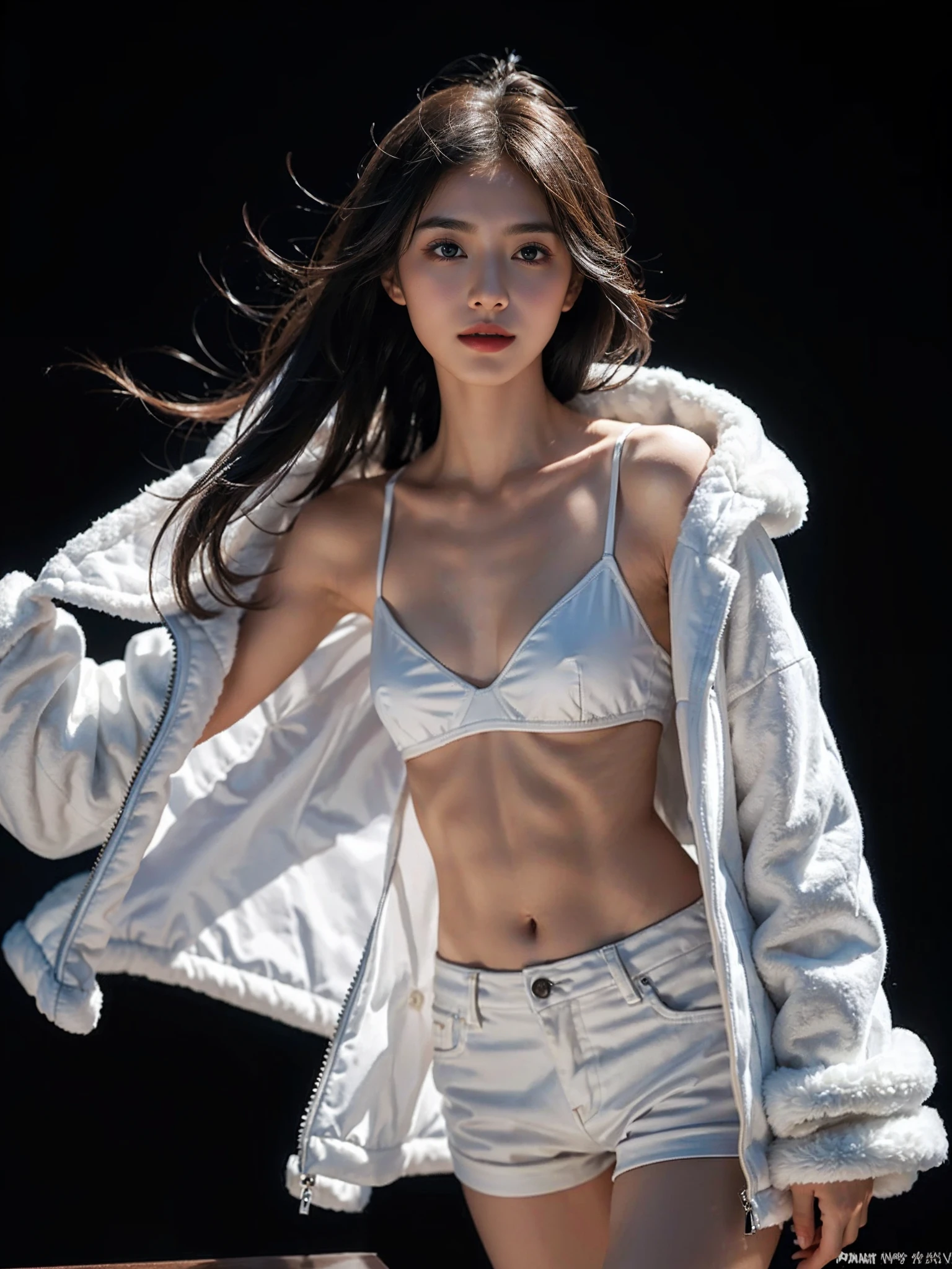 ((smallunderboob,Tomboyish,small heads)), (Well-defined abs: 1.1), (perfect bodies: 1.1), (short-length straighthair: 1.2), Black hair,attractive collarbone，（极其细致的CG 8k壁纸），（Extremely refined and beautiful），（tmasterpiece），（best qualtiy：1.0），（超高分辨率：1.0），upper body photos，[A high resolution]，A beautyful girl，cheerfulness，ssmile，Smooth and flawless fair skin，ultra - detailed ，Elongated legs，flatchest，Slim，emaciated，Winters，atarctive，Frozen，White mink coat，Open，White bra，short white pants，Ride a polar bear，Realistic polar bear in perfect detail，Close-up，the night，starrysky，aurora borealis