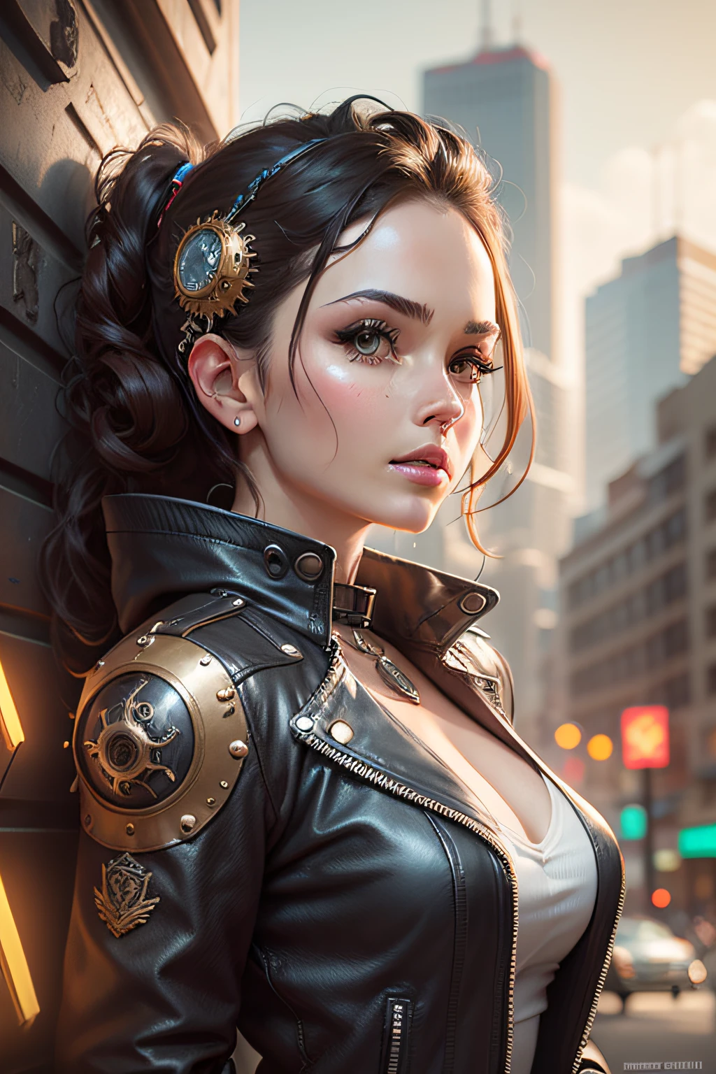 There is a woman to face, Super close, Steampunk leather jacket, steampunk concept art, digital steampunk art, arte steampunk de alta qualidade, wojtek fus, steampunk digital art, detailed steampunk illustration, Portrait of a mechanical woman, Steampunk art, estilo de arte dieselpunk, Cyberpunk Steampunk, estilo de fantasia steampunk, Highly Detailed 4K Digital Art, Sci-fi steampunk