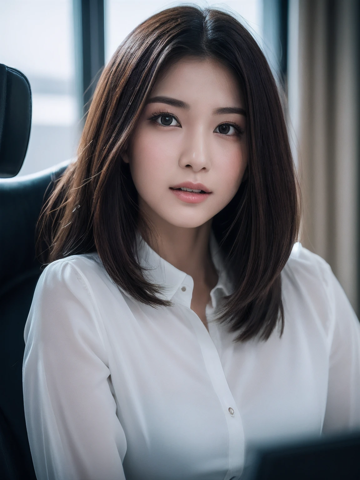 (girl with: 1.6), (Lola:RussianDoll:0.4), (Lola:TaiwanDoll:0.4), (Best Quality, 8K, masutepiece: 1.3), Focus 1.2, Perfect Body Beauty: 1.4, Highly detailed face and skin texture, Delicate eyes, Double eyelids, Whitened skin, long hair split edges, (Round face: 1.4), gaze at the audience, Tooth leakage and smile, Sit next to the audience, window, (Full body: 1.1), Secretary, assistant, Black business suit, (Standing), (high-heels), Tight skirt, large full breasts,huge tit,Using a computer to sit in an office in a skyscraper, a computer, printer, desk work, Office Chair, document, folder, a computer, Note PC, mobile phone,
