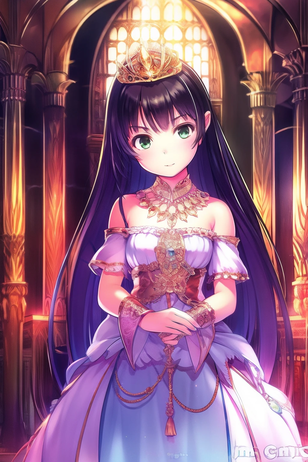 The silhouette of a beautiful princess is pried into a large gold cage. (Masterpiece), Realistic, (Portrait of a Caucasian girl),Very white skin, Beautiful face, Sunlight, Cinematic light, bangs, A beautiful woman, Beautiful eyes, Black hair, Long hair, Perfect anatomy, Very cute, Princess Eyes , (Green eyes) , Red lips, (frame the head), centered image, Stylized, with light glowing, 8 life size,8K resolution, wonder full, elegant, nearing perfection, Dynamic, Highly detailed, character sheets, concept-art, smooth, Position directly facing the audience,Make their bodies symmetrical and balanced, stunningly beautiful age girl, Detailed hairstyle. Whitty dress. No tassels
