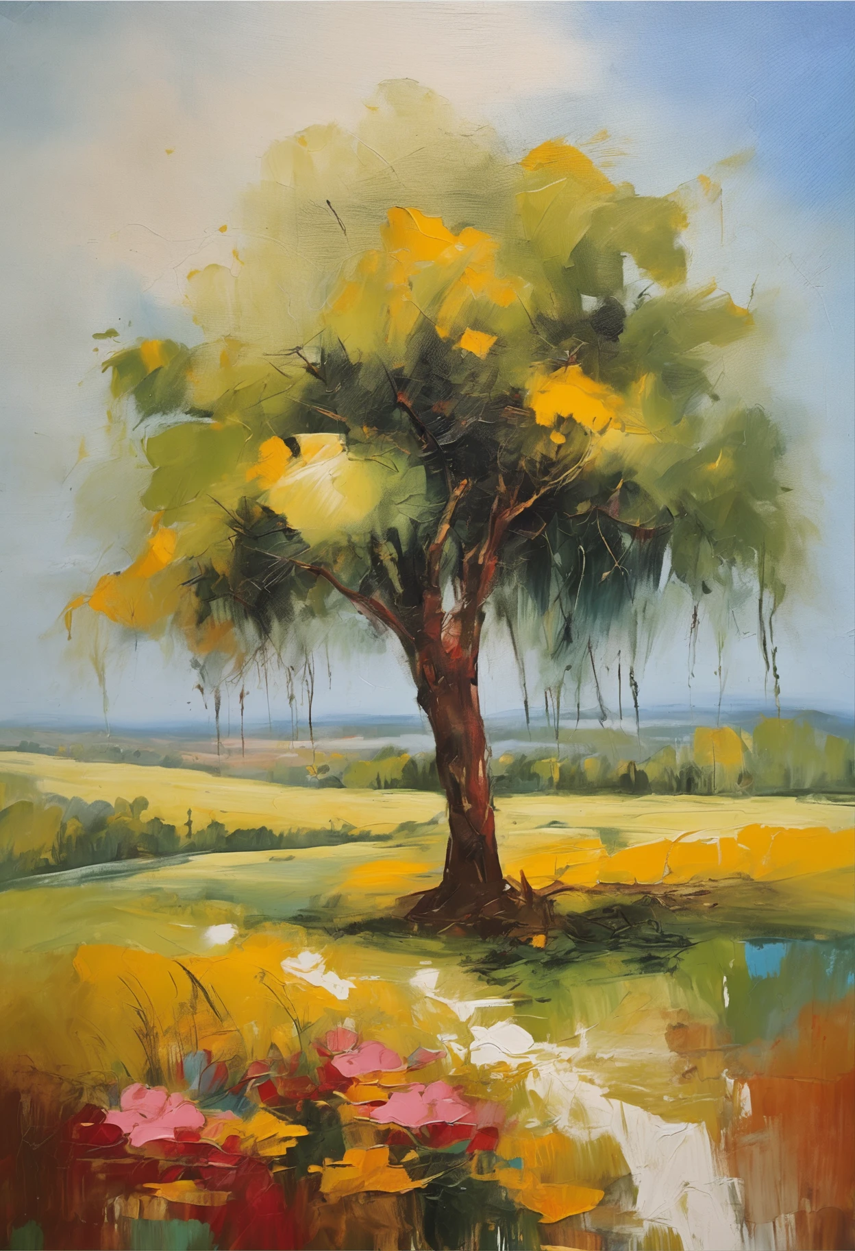 (((best quality)))), Realistic, authentic, beautiful and amazing landscape of a farm house under the big tree, rough brush stroke, petals with blue sky and white clouds --v6