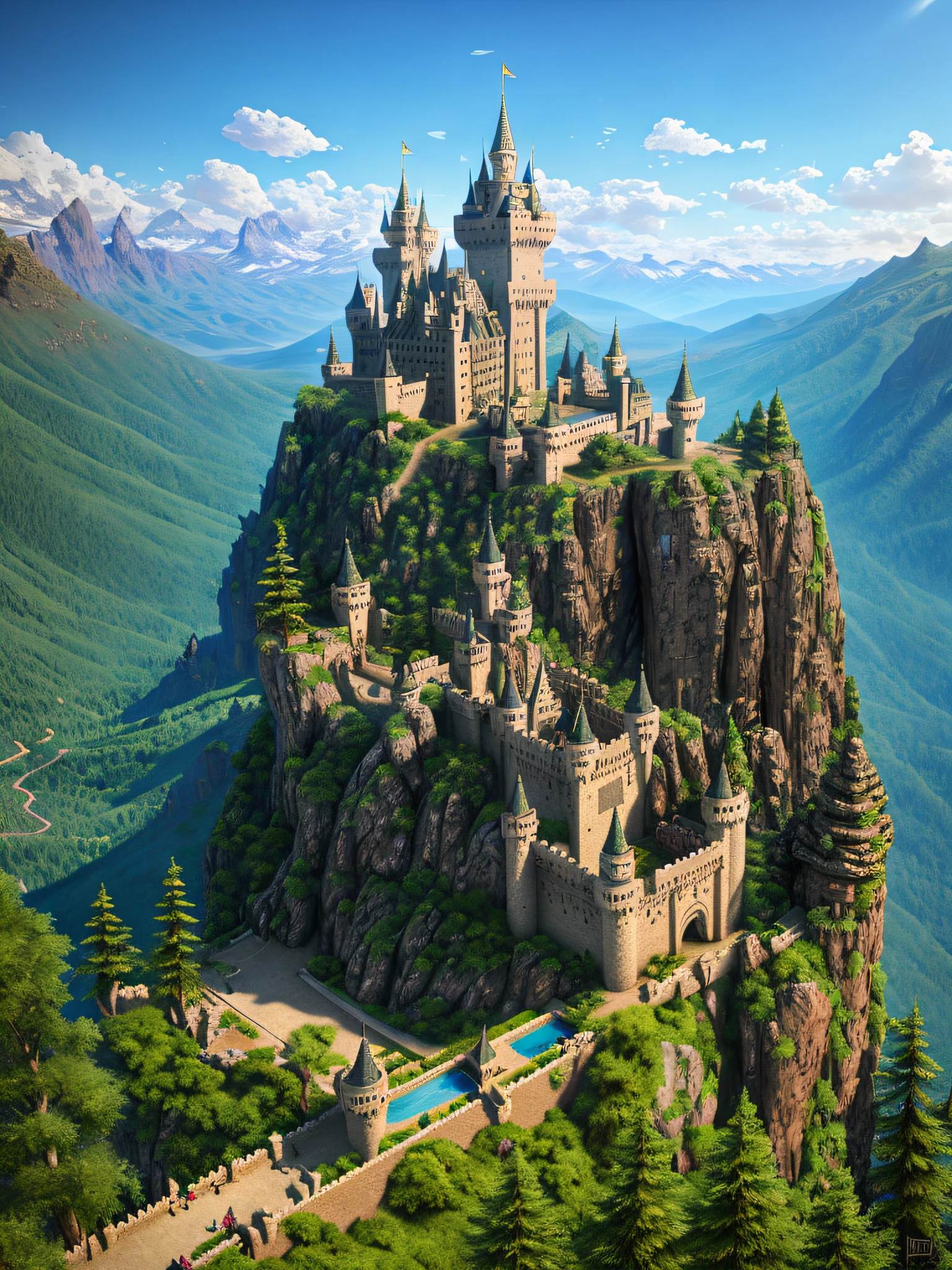 Alafard Castle is on the hill,There is a swimming pool in the middle, epic castle with tall spires, high fantasy castle, Beautiful castle, beautiful render of a fairytale, Fantasy castle, Epic Castle, Castle on the hill, magical castle school on a hill, futuristic castle, matte painting in fantasy style, huge castle, fantasy highly detailed, highly detailed matte painting