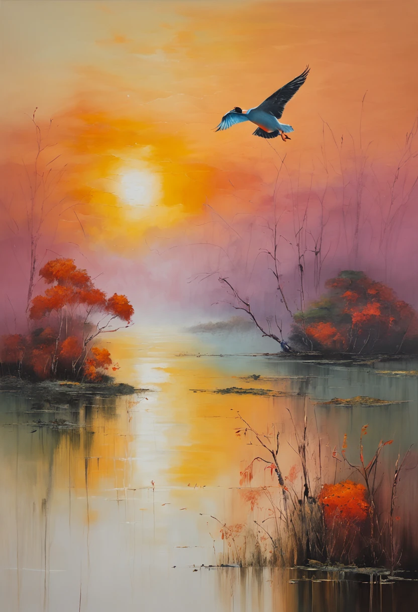 ((masterpiece)), ((best quality)), 8k, high detailed, ultra-detailed, evening light ,Simple colors,Chinese landscape painting style,one duck flying in the sunset,reflection, autumn, river, vast sky, merging, serene, harmonious, peaceful
