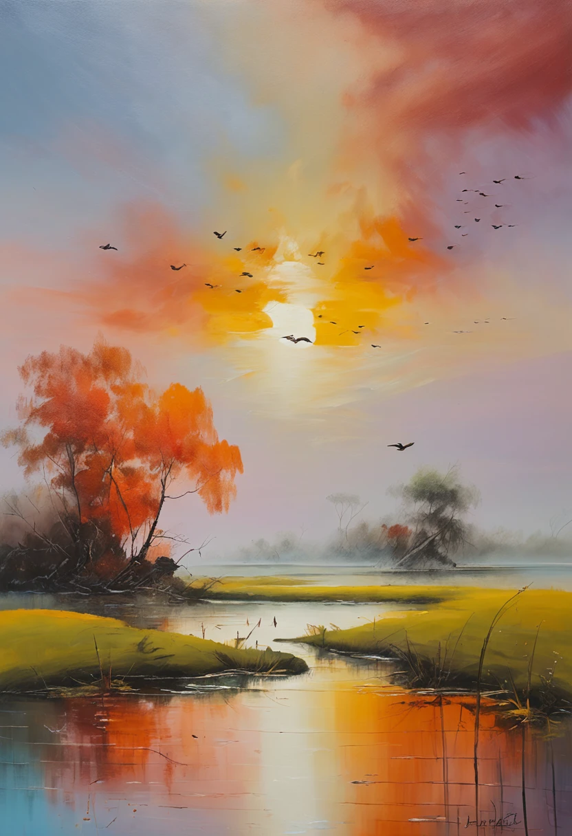 ((masterpiece)), ((best quality)), 8k, high detailed, ultra-detailed, evening light ，Simple colors，Chinese landscape painting style，one duck flying in the sunset，reflection, autumn, river, vast sky, merging, serene, harmonious, peaceful