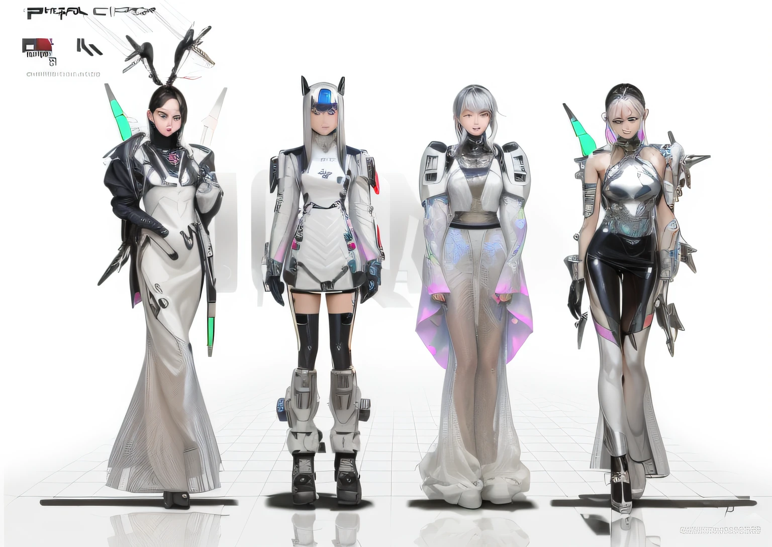 Close-up of a group of women in futuristic outfits, Cypherpunk fashion illustration, lunar themed attire, futuristic cyber clothing, futuristic outfit, Futuristic clothing, futuristic outfit, wearing futuristic clothing, biopunk futuristic wardrobe, wearing futuristic, futuristic fashion, iridescent sci-fi kimono, clothes from the future, futuristic tech wear, sci-fi tibetan fashion, futuristic fashion clothing