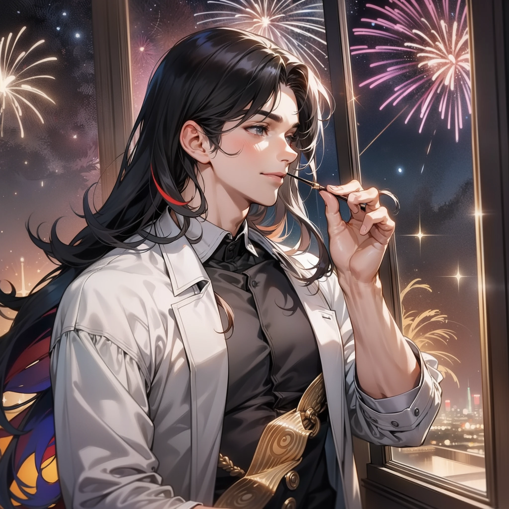 1 man, tall muscular guy, male, delicate face, A joyful individual with disheveled long dark hair and swept-back bangs, donning a stylish grey turltle-neck and thin cardigan, positioned next to a window overlooking a mesmerizing night sky filled with twinkling stars and vibrant bursts of fireworks.