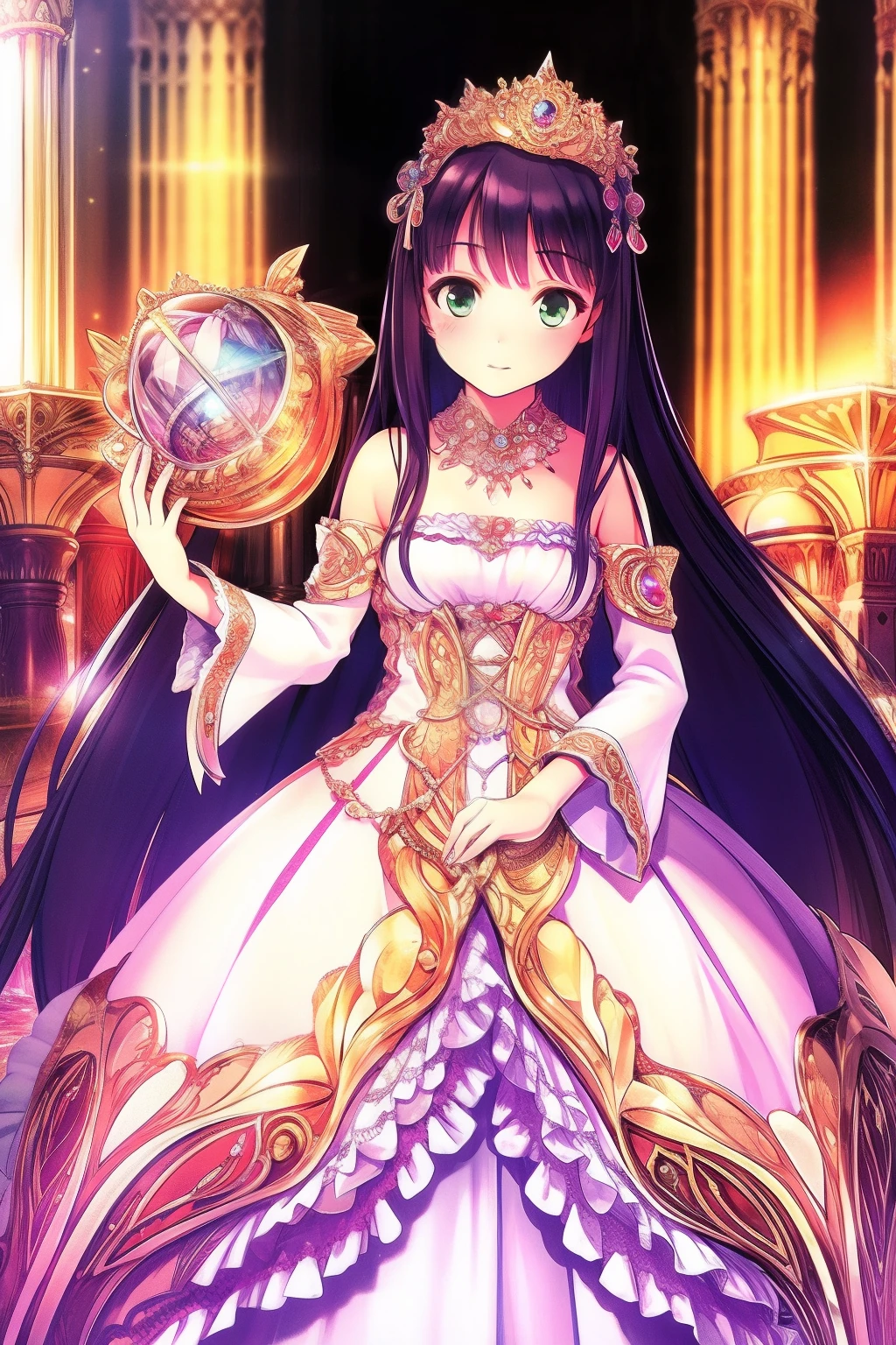 The silhouette of a beautiful princess is pried into a large gold cage. (Masterpiece), Realistic, (Portrait of a Caucasian girl),Very white skin, Beautiful face, Sunlight, Cinematic light, bangs, A beautiful woman, Beautiful eyes, Black hair,  Long hair, Perfect anatomy, Very cute, Princess Eyes , (Green eyes) , Red lips, (frame the head), centered image, Stylized, with light glowing, 8 life size,8K resolution, wonder full, elegant, nearing perfection, Dynamic, Highly detailed, character sheets, concept-art, smooth, Position directly facing the audience，Make their bodies symmetrical and balanced, stunningly beautiful teenage girl, Detailed hairstyle. Whitty dress. No tassels