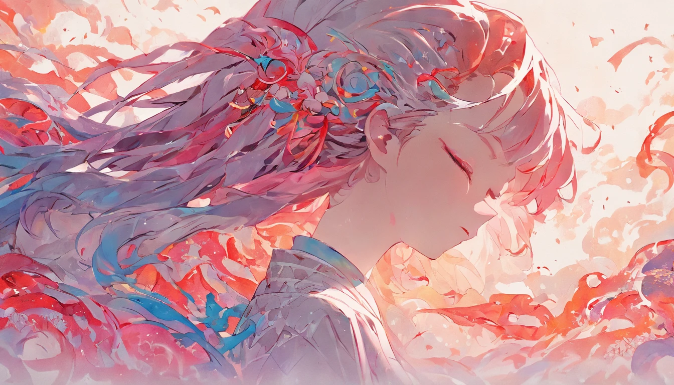 (White background:1.4),(Silhouette of a girl's head, Eyes closed, colorfull long hair, Oriental elements),(Chinese illustration:1.3,paper art:1.3, Quilted paper art:1.2),( reasonable design, Clear lines, High sharpness,Best quality, Very detailed, Masterpiece, movie light effect, 4K )