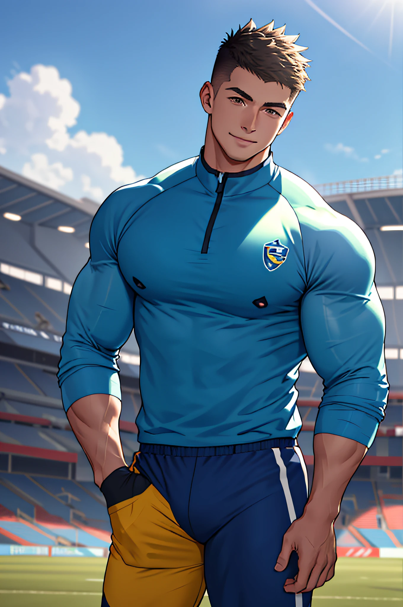 Draw a full-fledged athlete，Stand on the central field of the gym，He wears high-end sportswear，The man looks confident and determined，rays of sunshine，cheerful big breasts，Handsome，Crew cut，full bodyesbian，shooting from below，