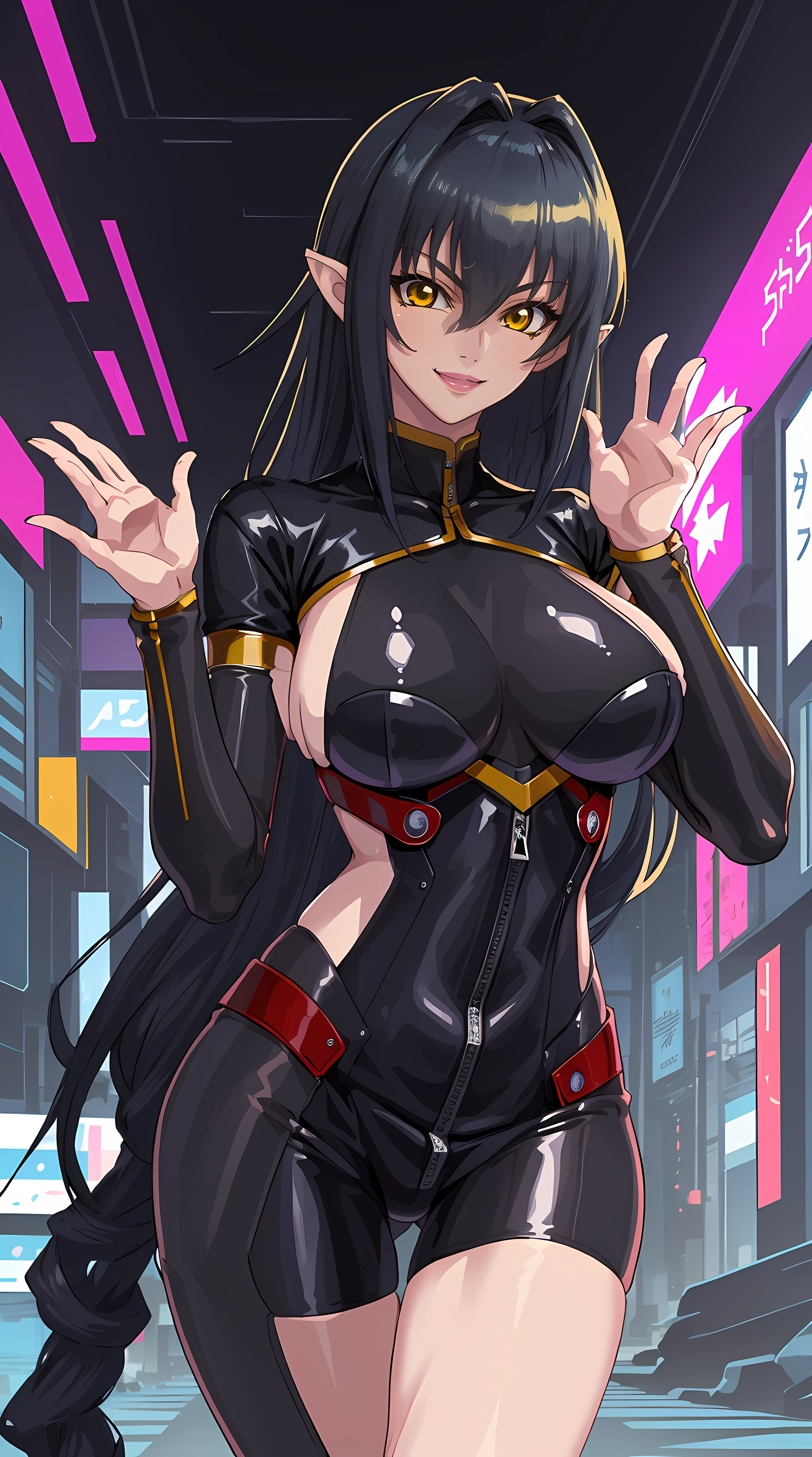 Annerose, OVA, 1girl, female mature, (raising hand, complex hands detail:1.5), long hair, black hair, pointy ears, yellow eyes, large breasts, (bodysuit:1.05), higheels, shiny clothes, (skin tight:1.05), hair intakes, (covered :1.1), (covered breasts:1.1), (sideboob:1.05), impossible clothes, cowboy shot, perfect body, (athletic body:1.1), anime face, perfect face, perfect eyes, anime eyes, smoky eyeliner, eyeshadow, looking at viewer, sharp focus, intricate details, masterpiece painting, professional artwork, (vibrant colors:1.1), vivid colors, Diffused lighting, digital blending, ultra detailed body, ultra detail hair, ultra detail face, trending on pixiv, by Kagami Hirotaka, (((mature woman, mature female, 35yo, seductive glance, happy))), exquisite anatomy details, (best fingers anatomy), (((fully suited))), (((cyberpunk town, intricate background, exquisite background details)))