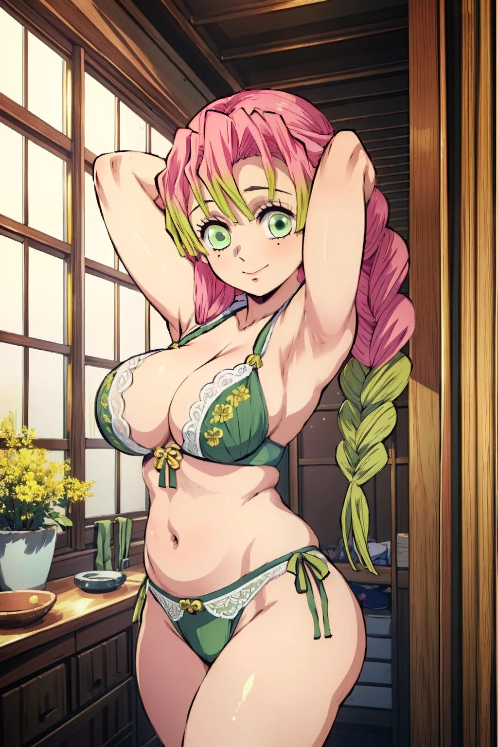 (masterpiece, Better Quality), 1girl in, Mitsurikan Log, Dazzling, smil, Breast, Armpits, Belly, muscle、Green underwear、Lace underwear、Voluptuous body、Arms up、(Bauhaus)