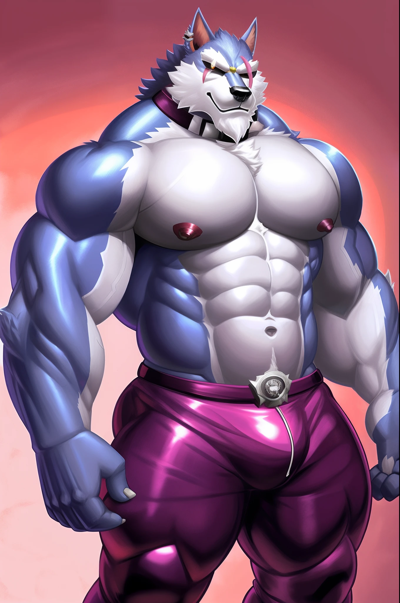 imagem de estilo de um homem com um corpo semelhante a um lobo e uma camisa, lobisomem musculoso, peito fofo, musculoso! Branco, peito peludo, super buff e cool, Commission for High Res, Lobo Peludo, thick furry neck and fluff on his chest, corpo peludo, Arte peluda!!!, forte e imponente, thicc, musculoso!!!, corpo fofo, big muscle, large muscles, roupas latex, cintas , roupas apertadas e marcadas com musculos , fazendo pose , flexionando os musculos