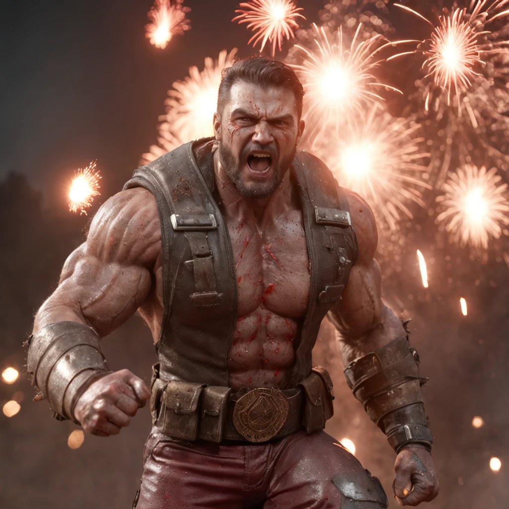 (professional 3d render:1.3) af (Realistic:1.3) Photos of war fireworks,Features soft and shiny male heroes, ((Epic hero fantasy muscle man rough wet hero wearing special gear and ferocious expression in dynamic pose, Fantastic location, Majestic cluttered environment)), Full body 8K unified rendering, action shot, very dark lighting, heavyshading, (Numb eyes, photograph realistic, Realistic, Dramatic, Dark, Sharp focus, 8K), (Special equipment clothing stained with blood due to war:1.4), , (Intricate:1.4), numbness, (Highly detailed:1.4), full bodyesbian, ((Dark and town burning background:1.3)),