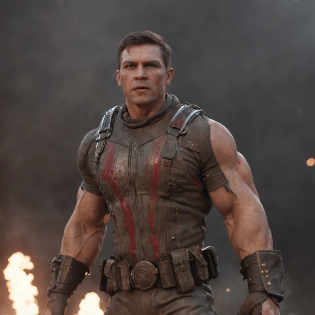 (professional 3d render:1.3) af (Realistic:1.3) Photos of war fireworks，Features soft and shiny male heroes, ((Epic hero fantasy muscle man rough wet hero wearing special gear and ferocious expression in dynamic pose, Fantastic location, Majestic cluttered environment)), Full body 8K unified rendering, action  shot,  very dark lighting, heavyshading,  (Numb eyes, photograph realistic, Realistic, Dramatic, Dark, Sharp focus, 8K), (Special equipment clothing stained with blood due to war:1.4), , (Intricate:1.4), numbness, (Highly detailed:1.4), full bodyesbian, ((Dark and town burning background:1.3)),