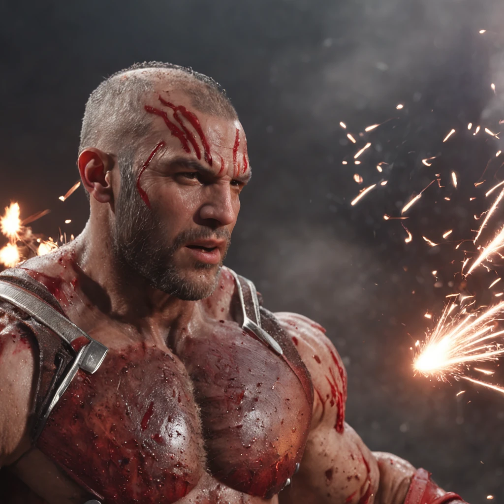 (professional 3d render:1.3) af (Realistic:1.3) Photos of war fireworks，Features soft and shiny male heroes, ((Epic hero fantasy muscle man rough wet hero wearing special gear and ferocious expression in dynamic pose, Fantastic location, Majestic cluttered environment)), Full body 8K unified rendering, action  shot,  very dark lighting, heavyshading,  (Numb eyes, photograph realistic, Realistic, Dramatic, Dark, Sharp focus, 8K), (Special equipment clothing stained with blood due to war:1.4), , (Intricate:1.4), numbness, (Highly detailed:1.4), full bodyesbian, ((Dark and town burning background:1.3)),