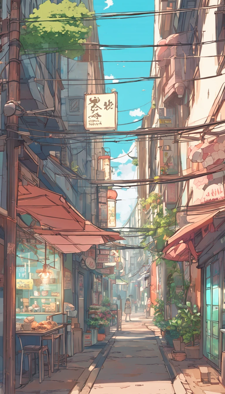 Anime - City street style scene, a woman waiting in front of a store, anime background art, detailed scenery - width 672, anime landscape concept art, anime style cityscape, Studio Ghibli anime style, Studio Ghibli art style, Studio Ghibli program, anime landscape, Studio Ghibli art style, Landscape artwork, Beautiful anime landscape, Forest city street, Ghibli art style, cake shop, cake shop, bakery cake shop, Makoto Shinkai style, Makoto Shinkai anime, Shinkai Makoto art style