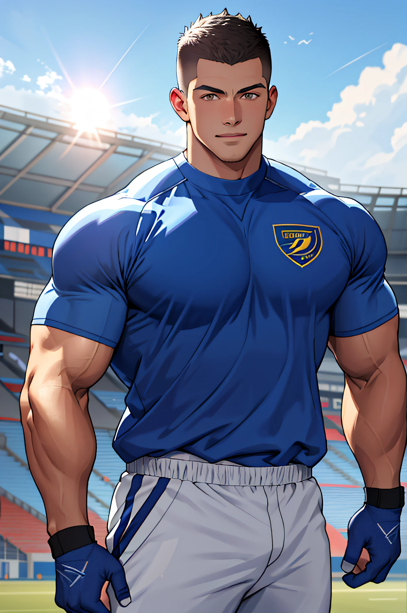 Draw a full-fledged athlete，Stand on the central field of the gym，He wears high-end sportswear，The man looks confident and determined，rays of sunshine，cheerful big breasts，Handsome，Crew cut，full bodyesbian，shooting from below，