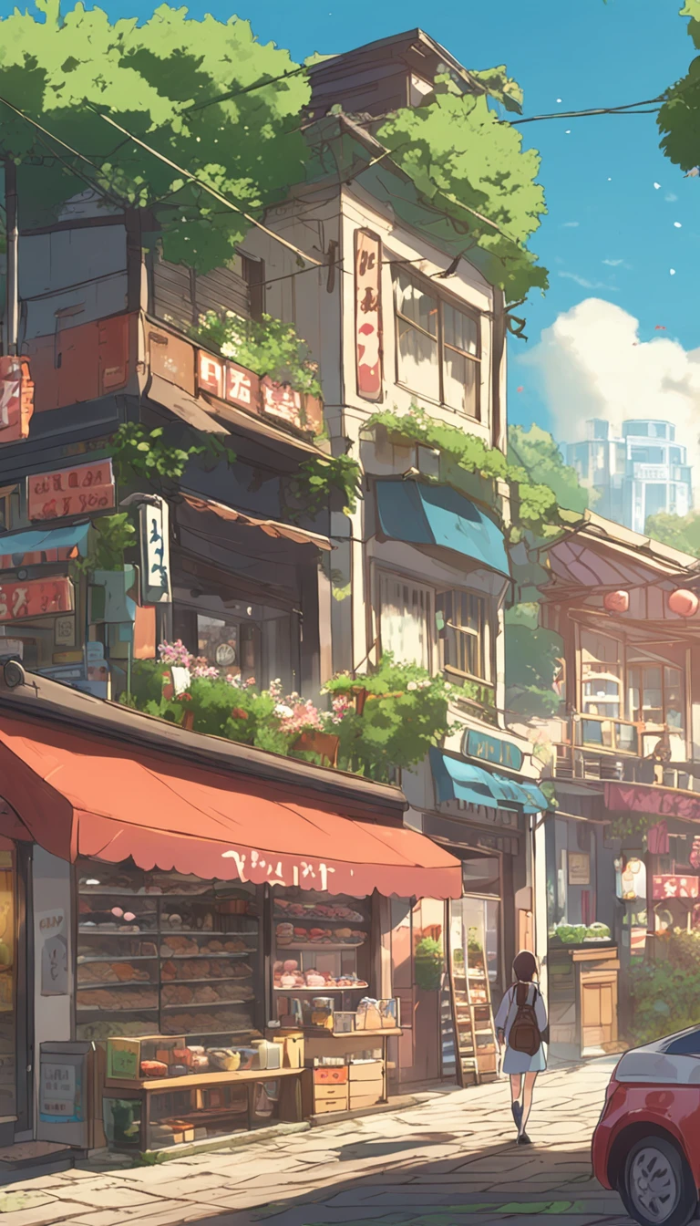 Anime - City street style scene, a woman waiting in front of a store, anime background art, detailed scenery - width 672, anime landscape concept art, anime style cityscape, Studio Ghibli anime style, Studio Ghibli art style, Studio Ghibli program, anime landscape, Studio Ghibli art style, Landscape artwork, Beautiful anime landscape, Forest city street, Ghibli art style, cake shop, cake shop, bakery cake shop, Makoto Shinkai style, Makoto Shinkai anime, Shinkai Makoto art style