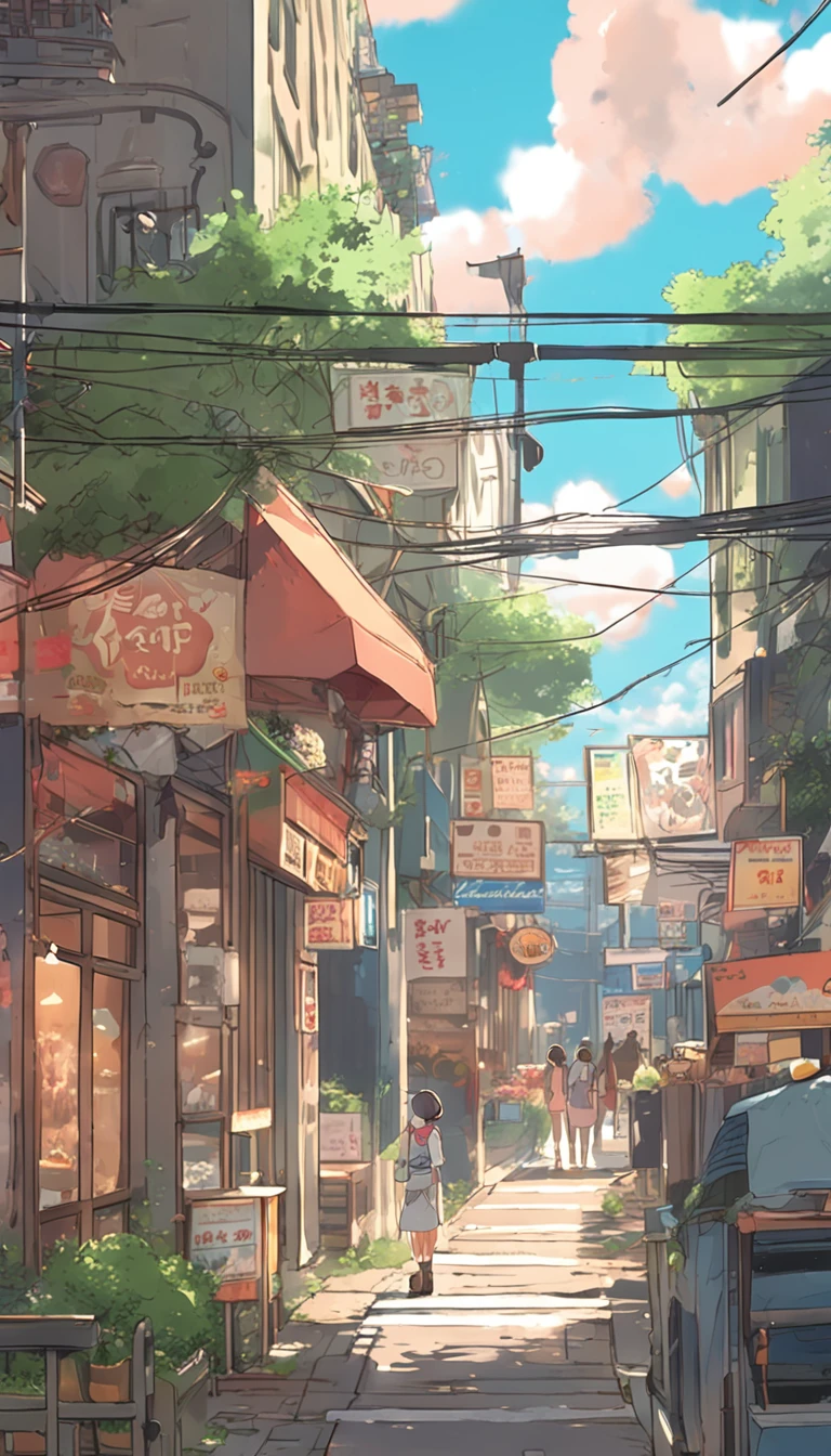 Anime - City street style scene, a woman waiting in front of a store, anime background art, detailed scenery - width 672, anime landscape concept art, anime style cityscape, Studio Ghibli anime style, Studio Ghibli art style, Studio Ghibli program, anime landscape, Studio Ghibli art style, Landscape artwork, Beautiful anime landscape, Forest city street, Ghibli art style, cake shop, cake shop, bakery cake shop, Makoto Shinkai style, Makoto Shinkai anime, Shinkai Makoto art style