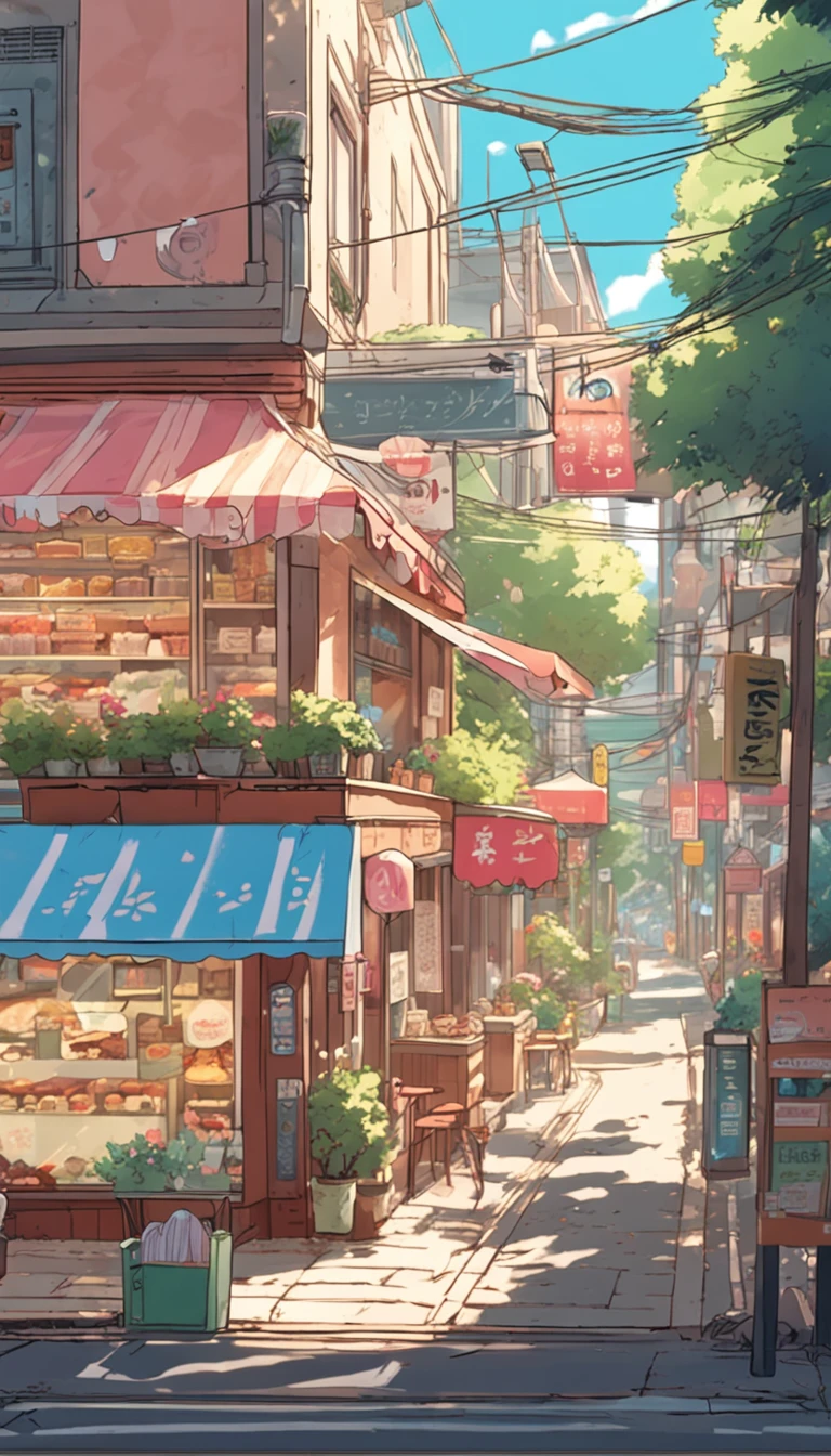 Anime - City street style scene, a woman waiting in front of a store, anime background art, detailed scenery - width 672, anime landscape concept art, anime style cityscape, Studio Ghibli anime style, Studio Ghibli art style, Studio Ghibli program, anime landscape, Studio Ghibli art style, Landscape artwork, Beautiful anime landscape, Forest city street, Ghibli art style, cake shop, cake shop, bakery cake shop, Makoto Shinkai style, Makoto Shinkai anime, Shinkai Makoto art style
