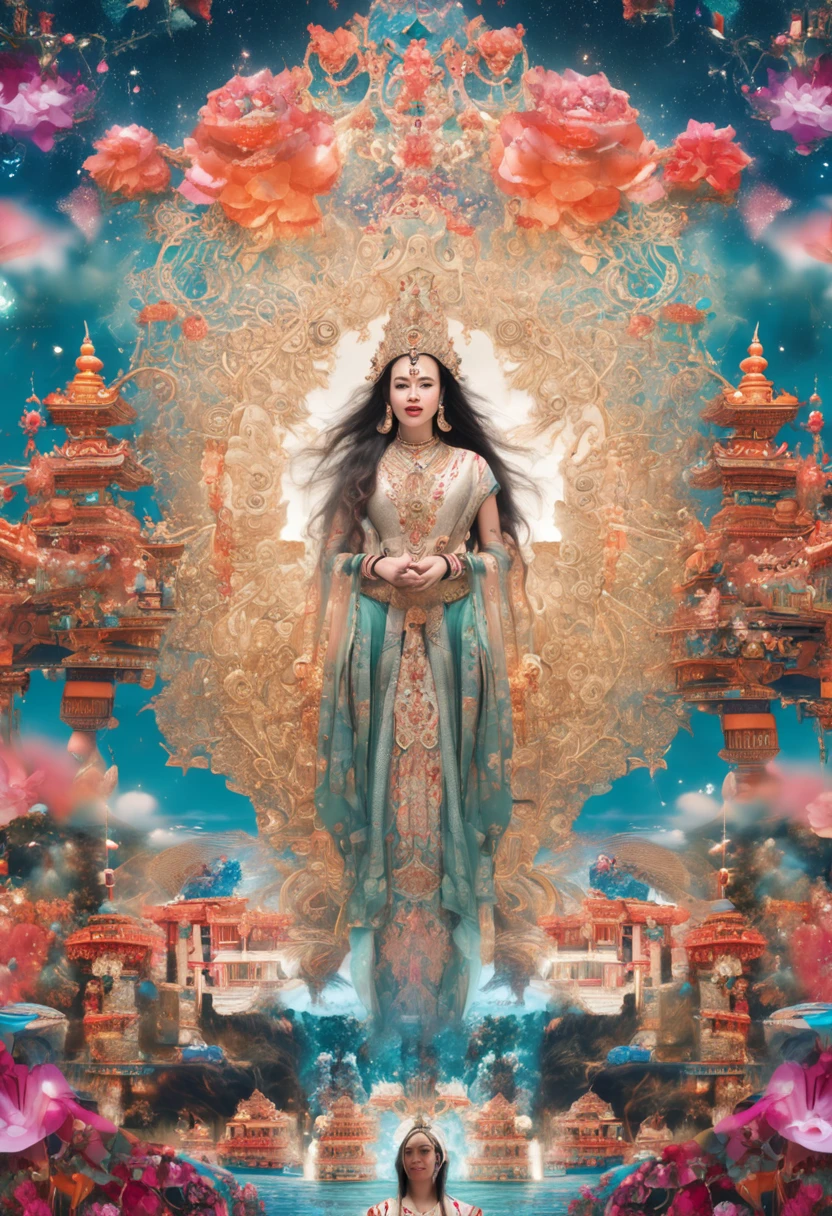 a pregirl,Thangka legend,long whitr hair, aqua eyes, long eyelasher, Crystal earrings, Light smile, Sparkle,Sparkle,in a panoramic view, 360 view, neo-classical, Award-Awarded, Textured skin, hyper HD, Masterpiece, Super detail, Best quality, A high resolution, 8K, k hd