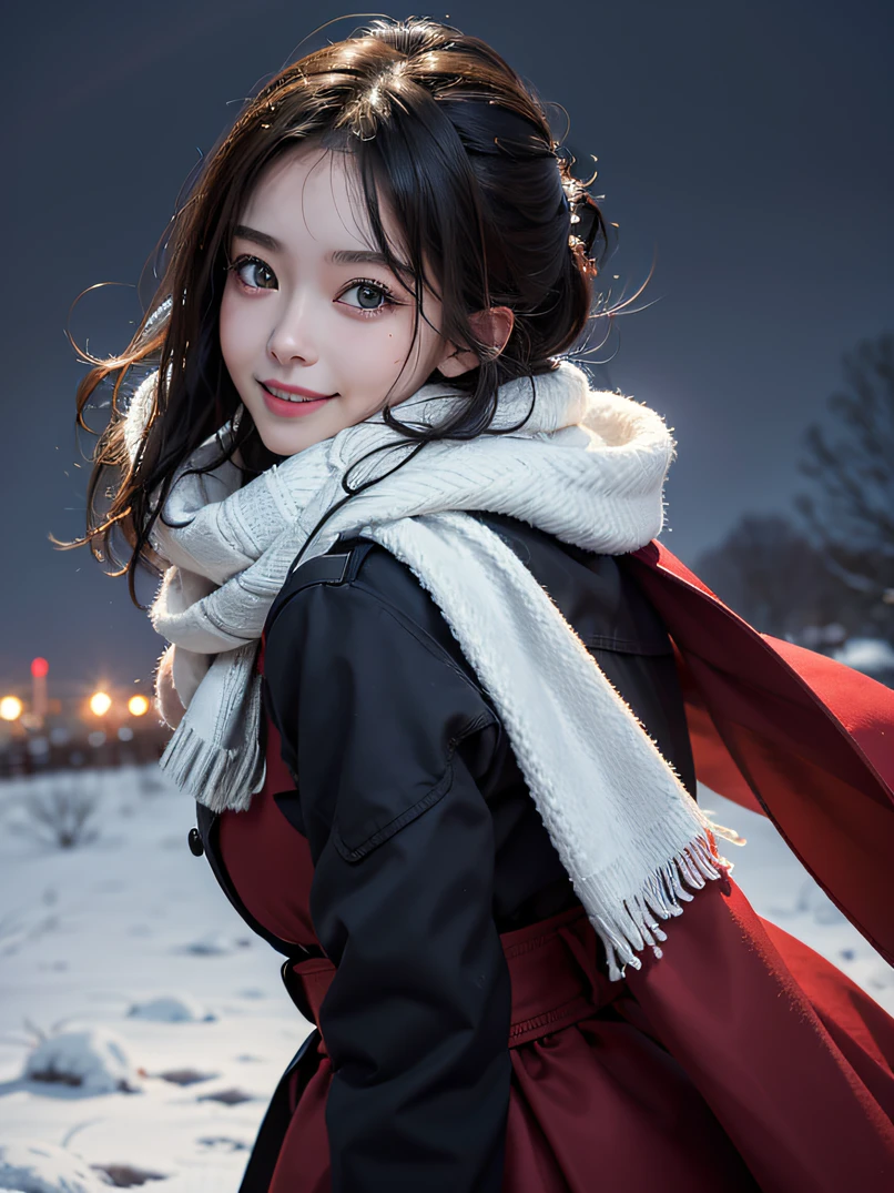 Enhanced dynamic perspective，Sexy Beautiful Girl，Winters，Yuki，snowflakes flying，（Lots of snowflakes：1.4），snow cover，Black and red down jacket coat，Thick wool scarf，Look at me and smile，simple backgound，Works of masters，high quarity，4K resolution，super-fine，Detailed pubic hair，acurate，Cinematic lighting