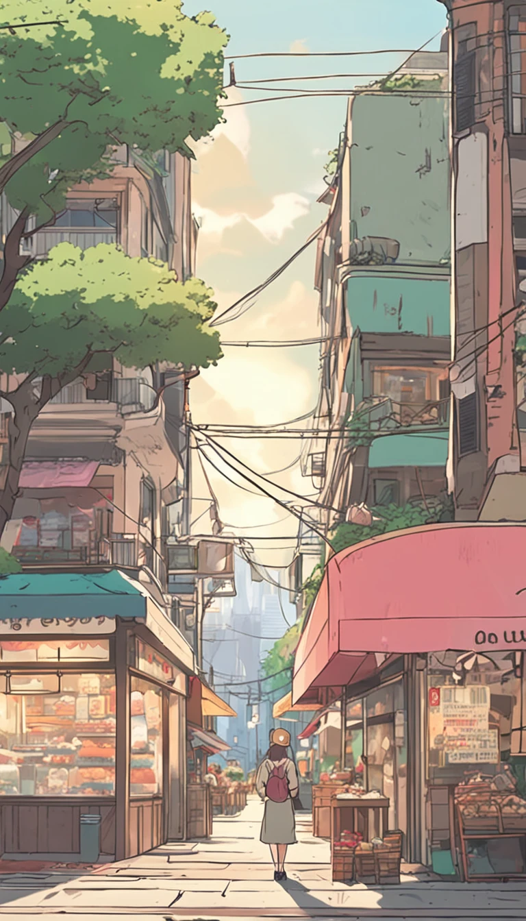 Anime - City street style scene, a woman waiting in front of a store, anime background art, detailed scenery - width 672, anime landscape concept art, anime style cityscape, Studio Ghibli anime style, Studio Ghibli art style, Studio Ghibli program, anime landscape, Studio Ghibli art style, Landscape artwork, Beautiful anime landscape, Forest city street, Ghibli art style, cake shop, cake shop, bakery cake shop, Makoto Shinkai style, Makoto Shinkai anime, Shinkai Makoto art style